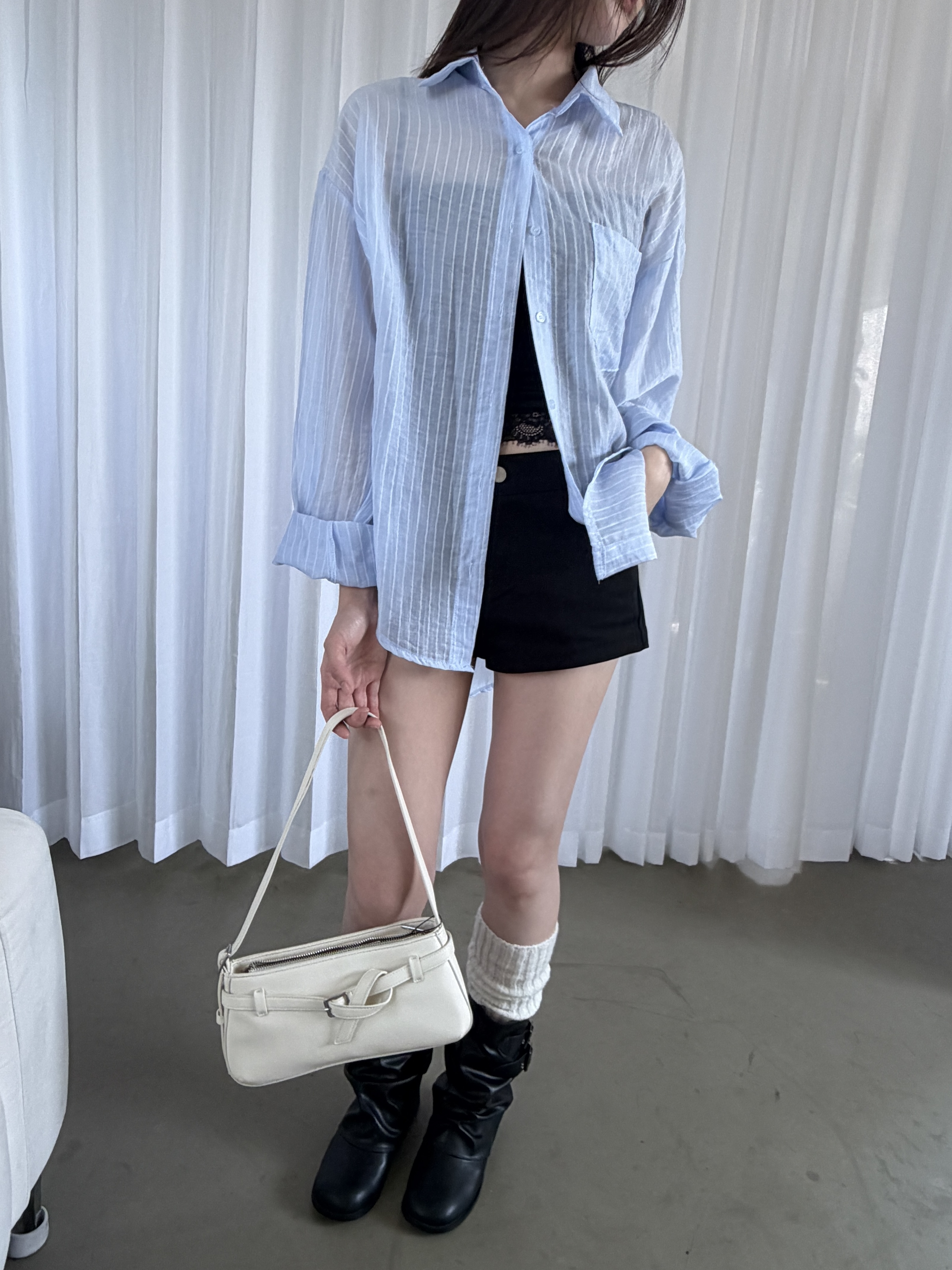 vlemma stripe-sheer-tencel-shirt 極簡設計感針織上衣襯衫 - 黃