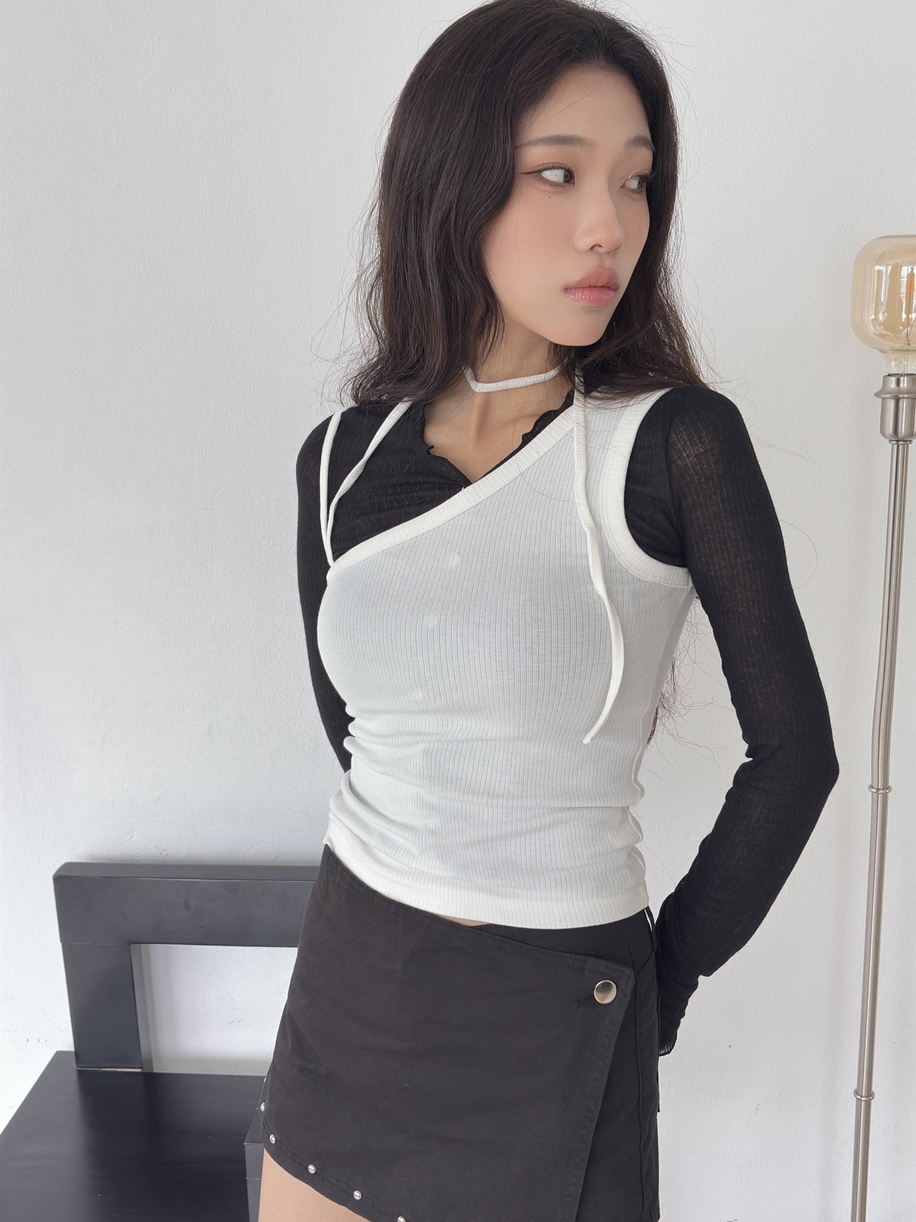 vlemma design-ruched-lettuce-trim-sheer-top 清冷風設計感大衣外套 - 藍