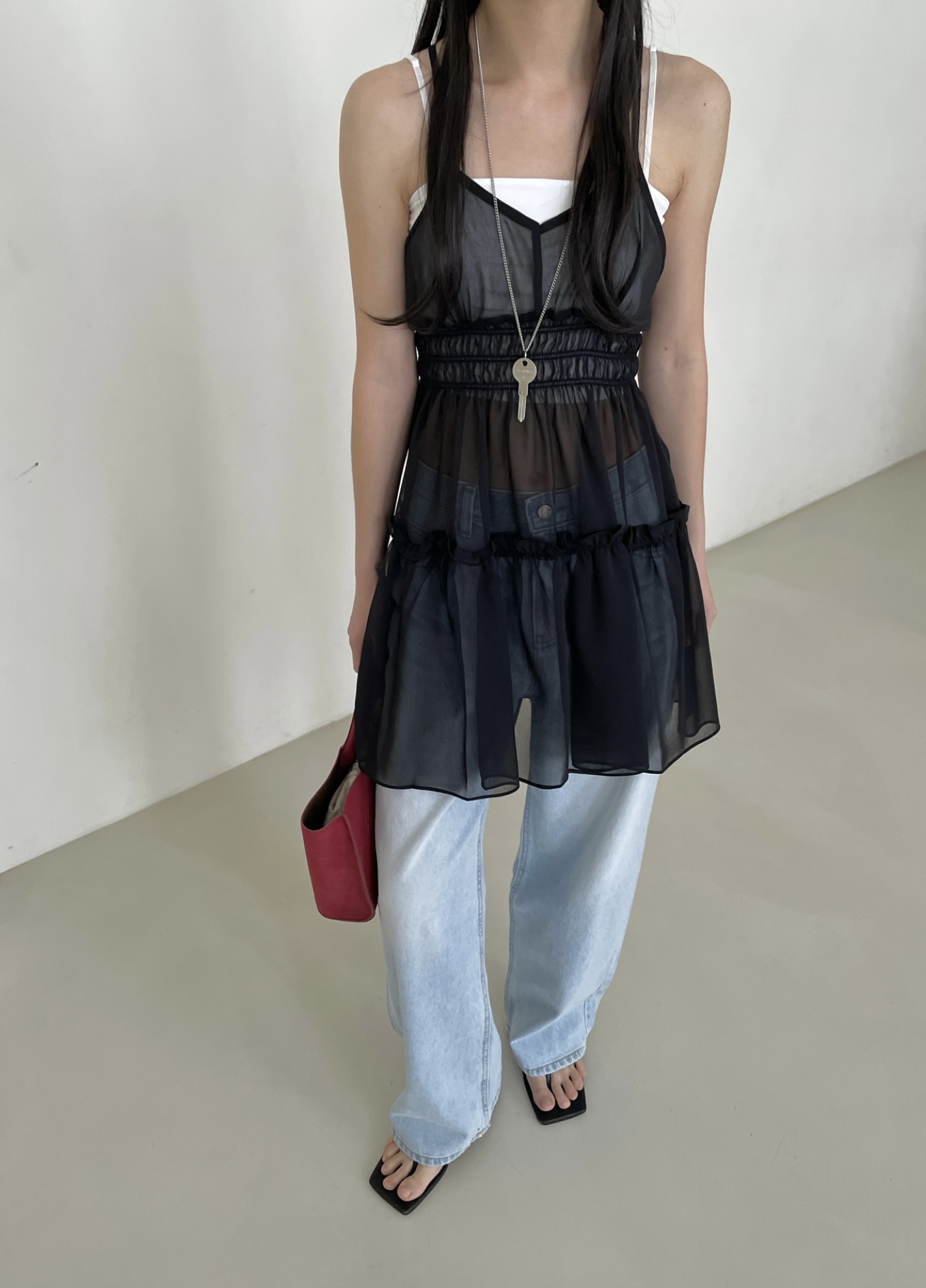 vlemma ruffled-tiered-backless-chiffon-sundress 清冷風設計感洋裝連身裙 - 酒紅