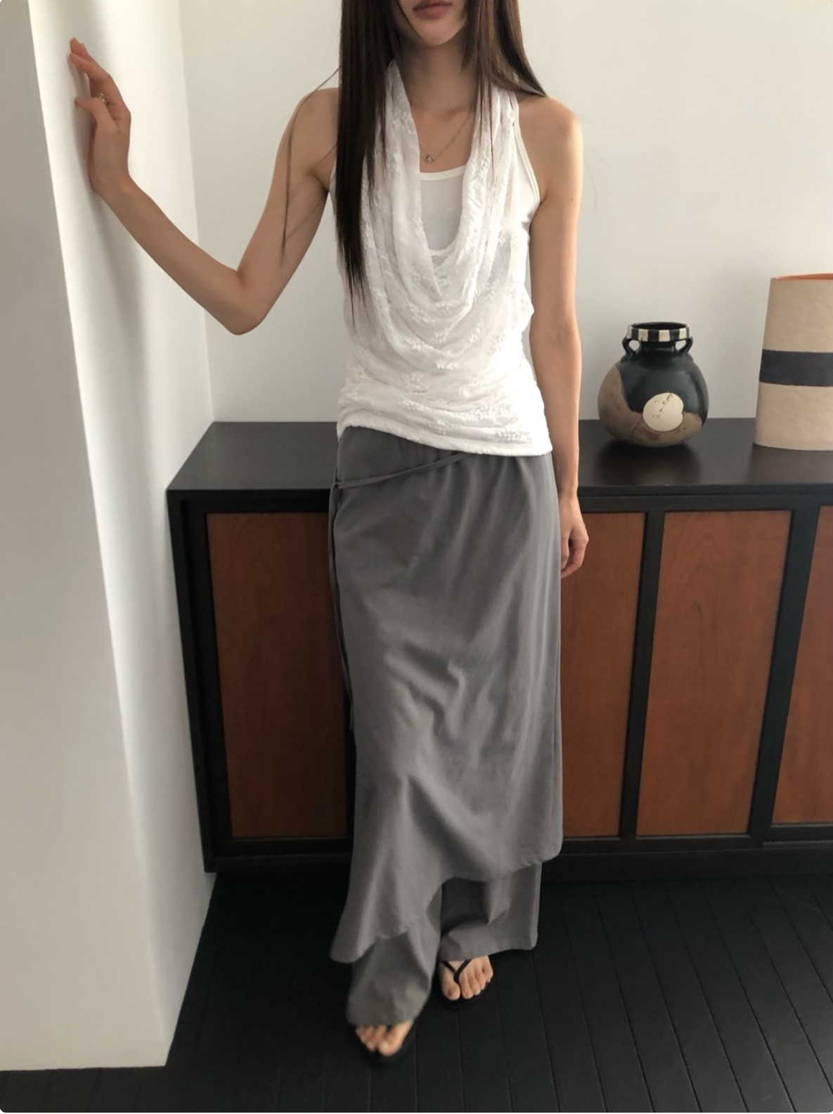 vlemma lace-cowl-neck-layered-tank-top 極簡設計感針織上衣襯衫 - 白