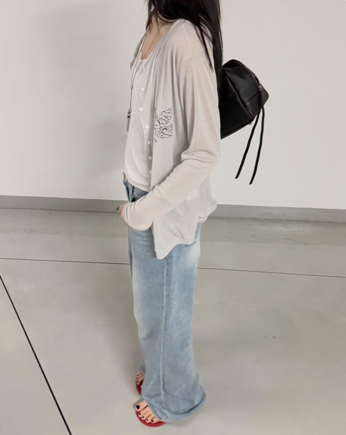 vlemma korean-sheer-button-down-graphic-top 清冷風設計感大衣外套 - 藍