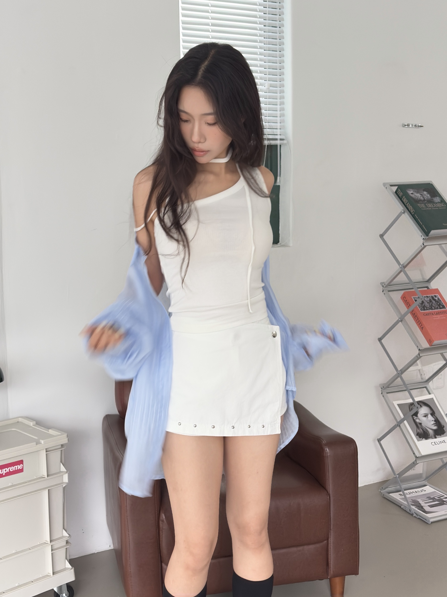vlemma korean-layered-asymmetrical-strap-ribbed-top 極簡設計感針織上衣襯衫 - 白