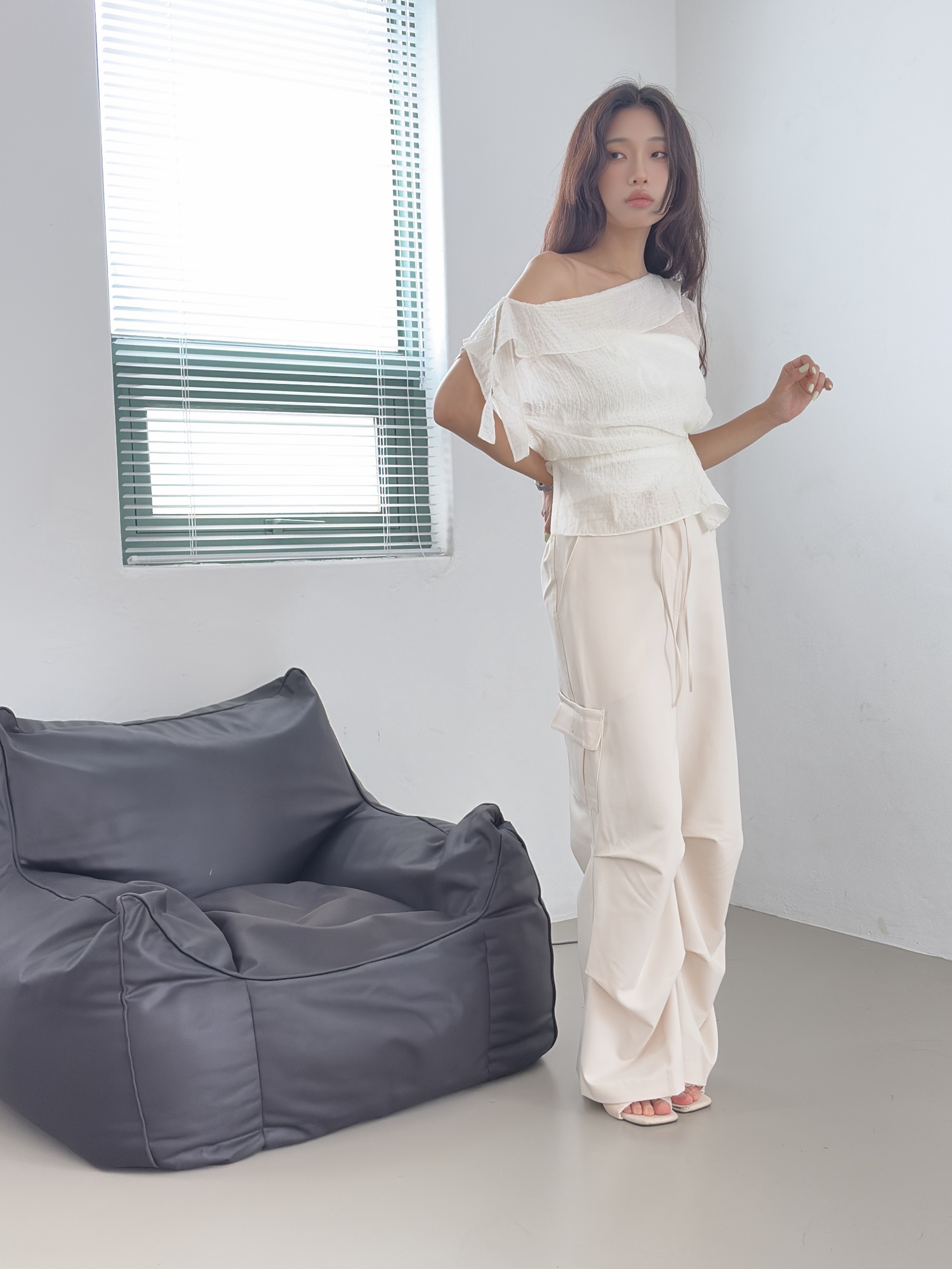vlemma slouchy-drawstring-gorpcore-cargo-pants 小眾剪裁設計感褲裙長褲 - 奶油白