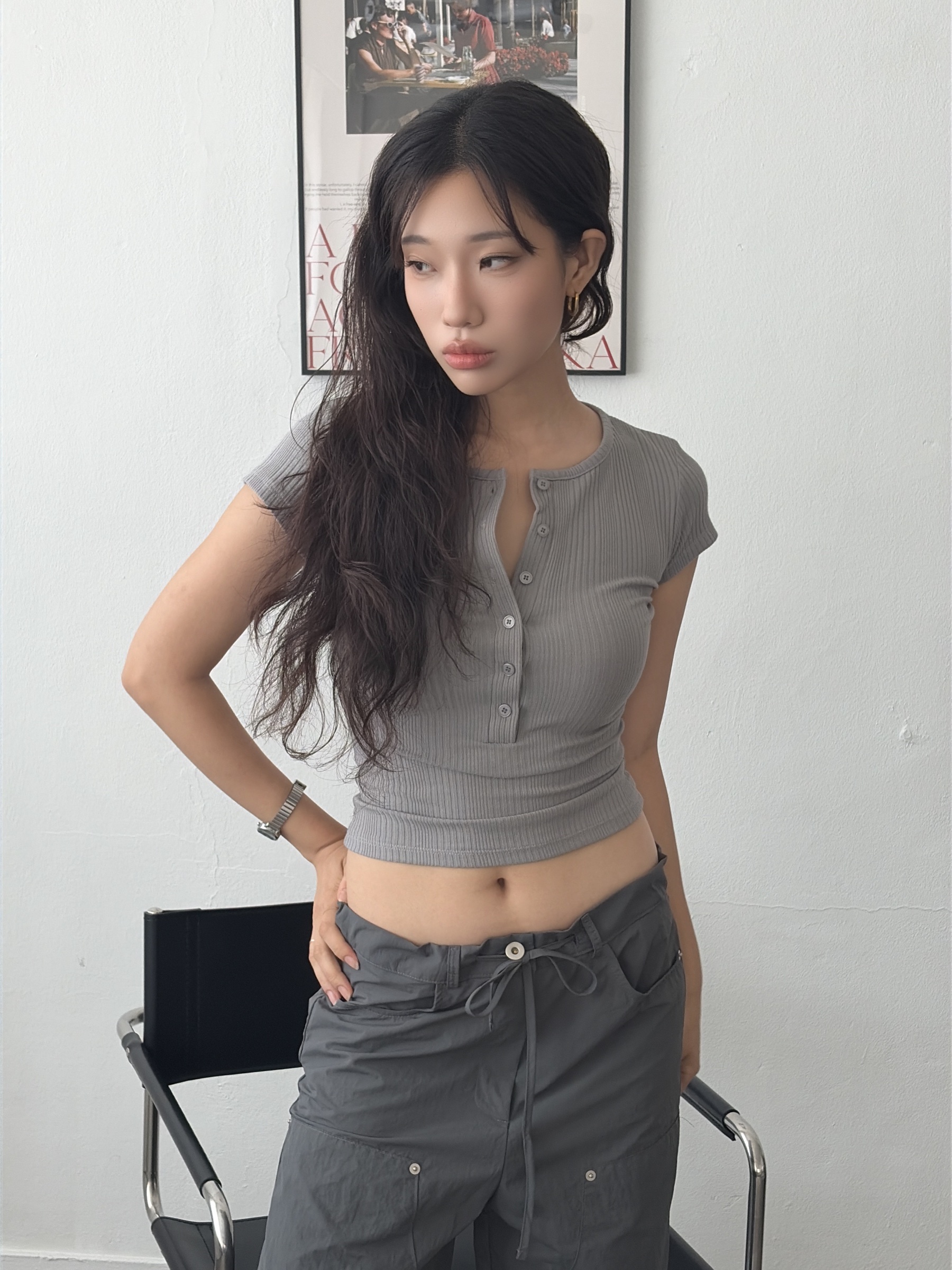 vlemma y2k-slim-fit-henley-crop-top 極簡設計感針織上衣襯衫 - 白