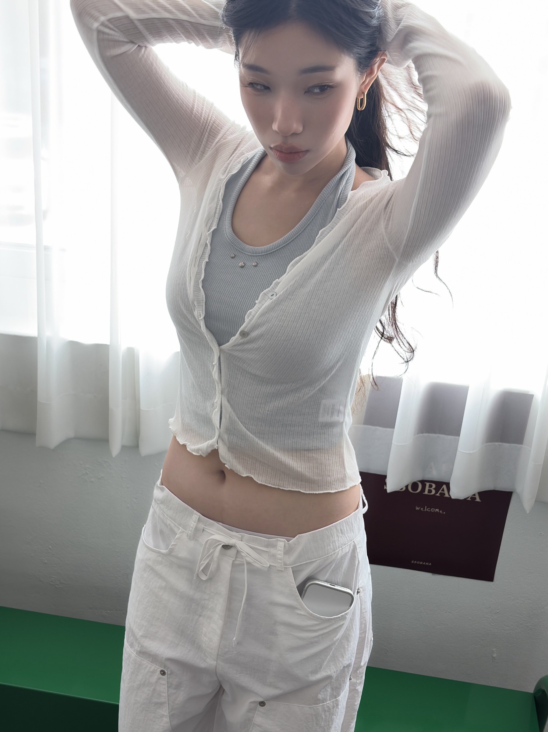 vlemma design-ruched-lettuce-trim-sheer-top 清冷風設計感大衣外套 - 藍
