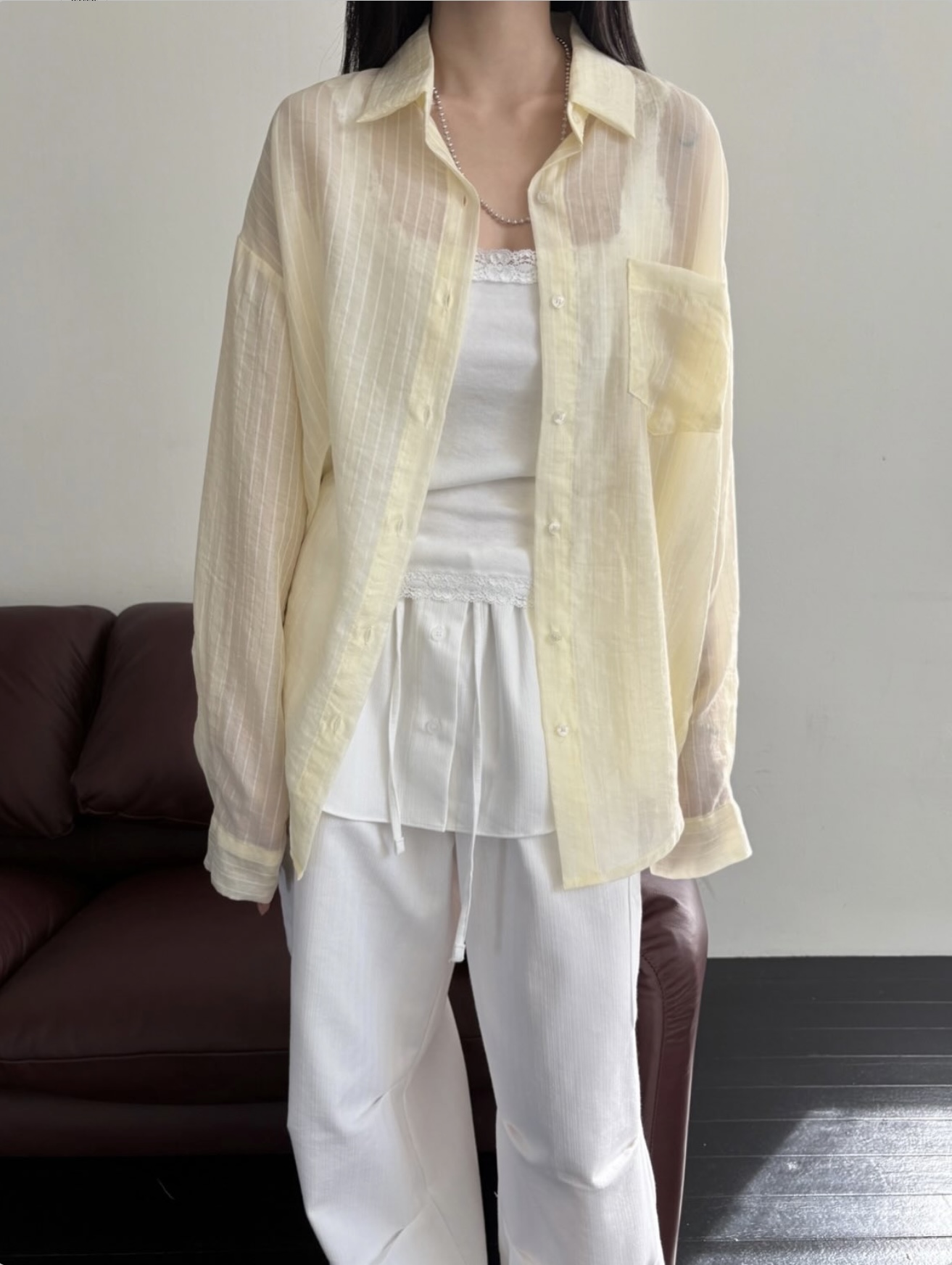 vlemma stripe-sheer-tencel-shirt 極簡設計感針織上衣襯衫 - 黃