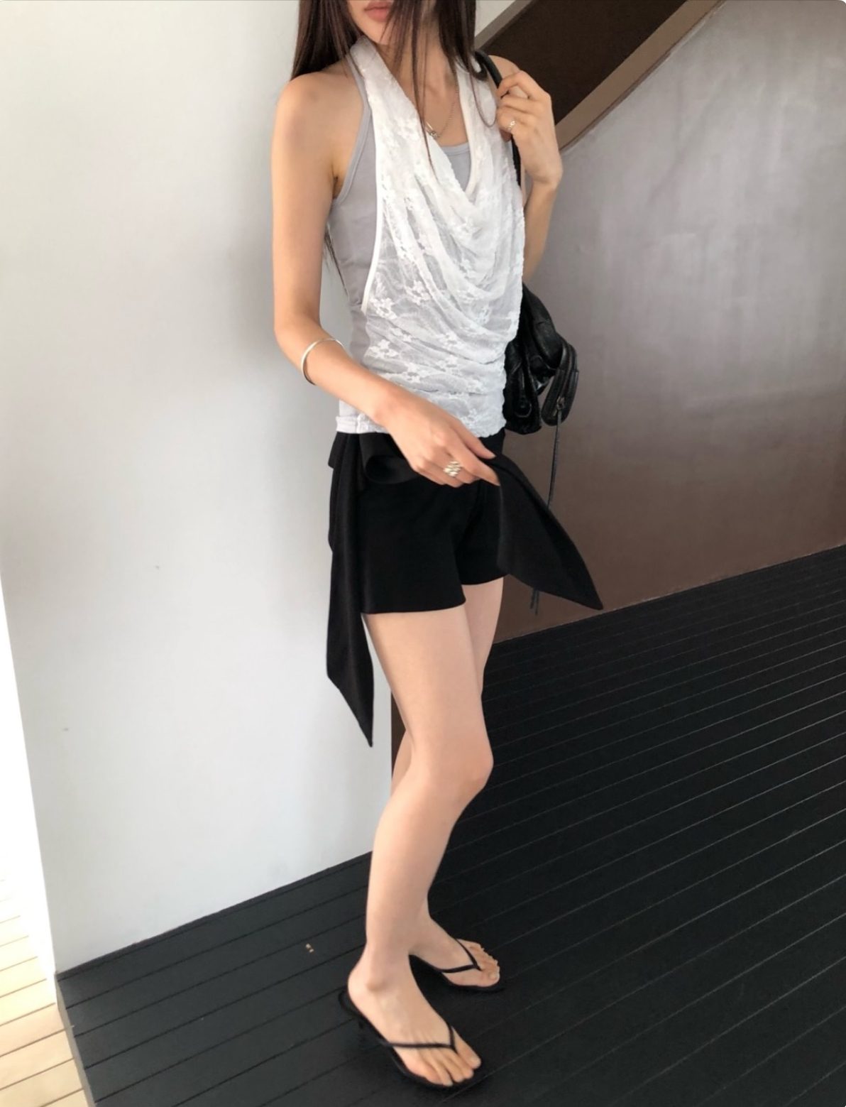 vlemma lace-cowl-neck-layered-tank-top 極簡設計感針織上衣襯衫 - 白