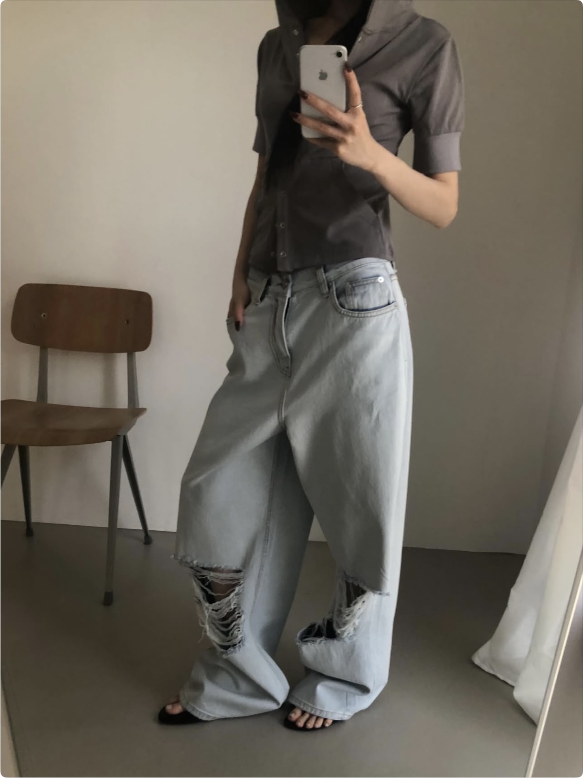 vlemma y2k-distressed-baggy-straight-jeans 小眾剪裁設計感褲裙長褲 - 淺藍