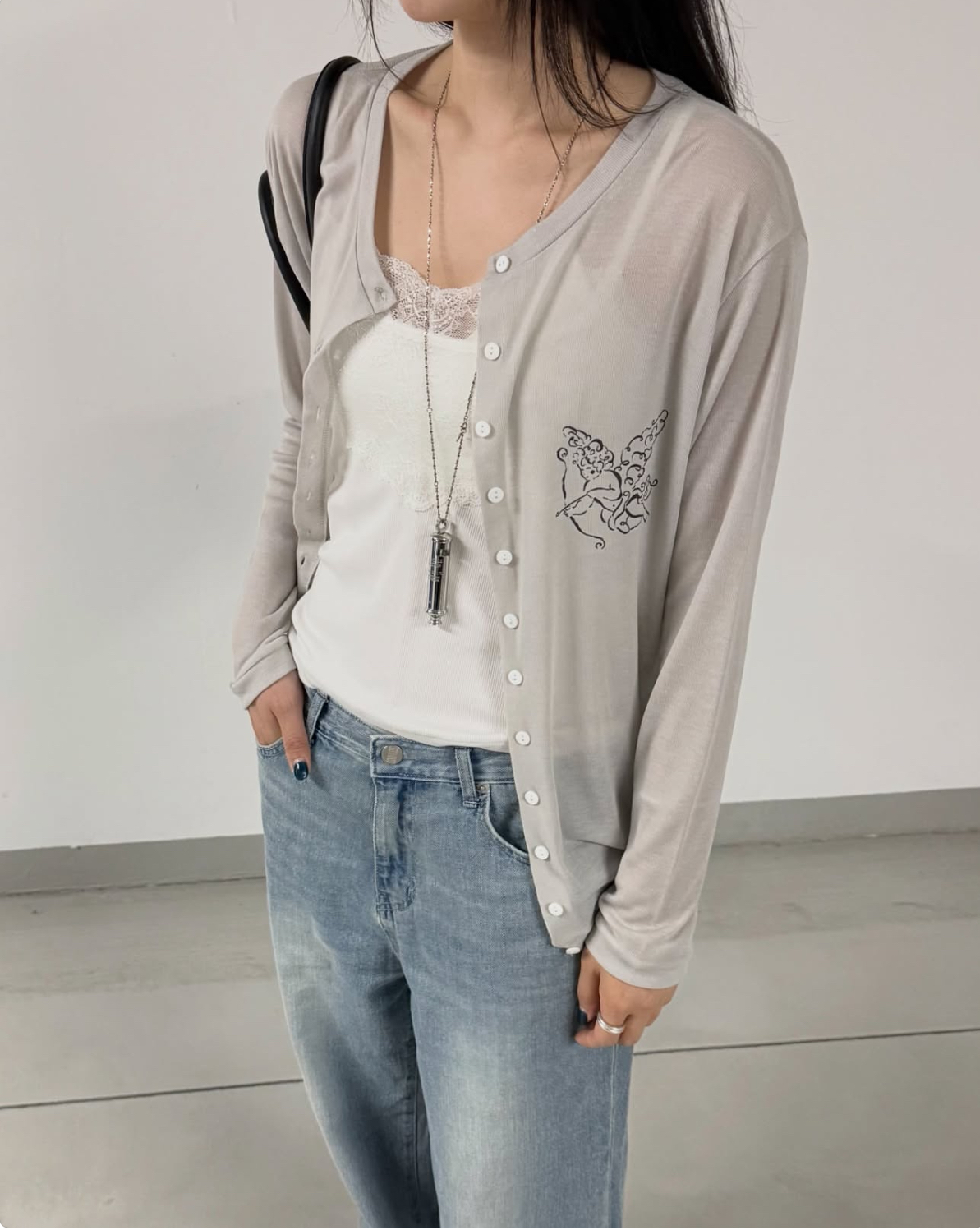 vlemma korean-sheer-button-down-graphic-top 清冷風設計感大衣外套 - 藍