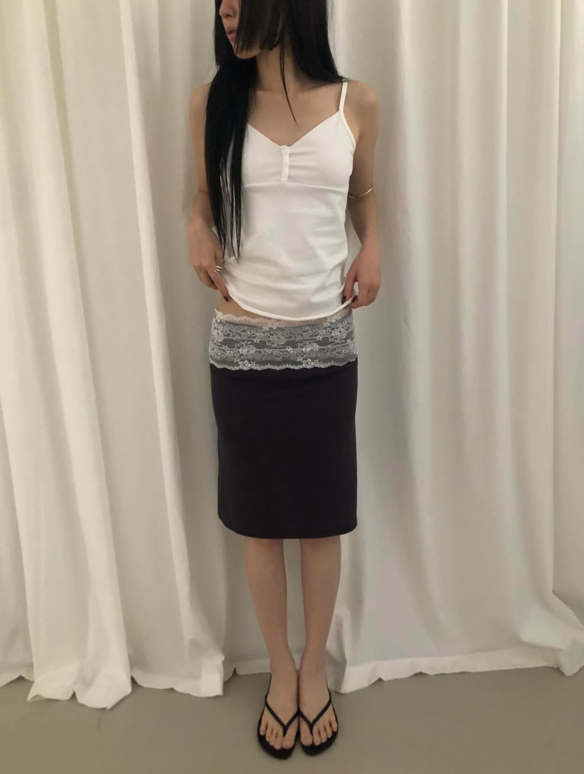 vlemma lace-trim-waistband-bodycon-midi-skirt 小眾剪裁設計感褲裙長褲 - 條紋