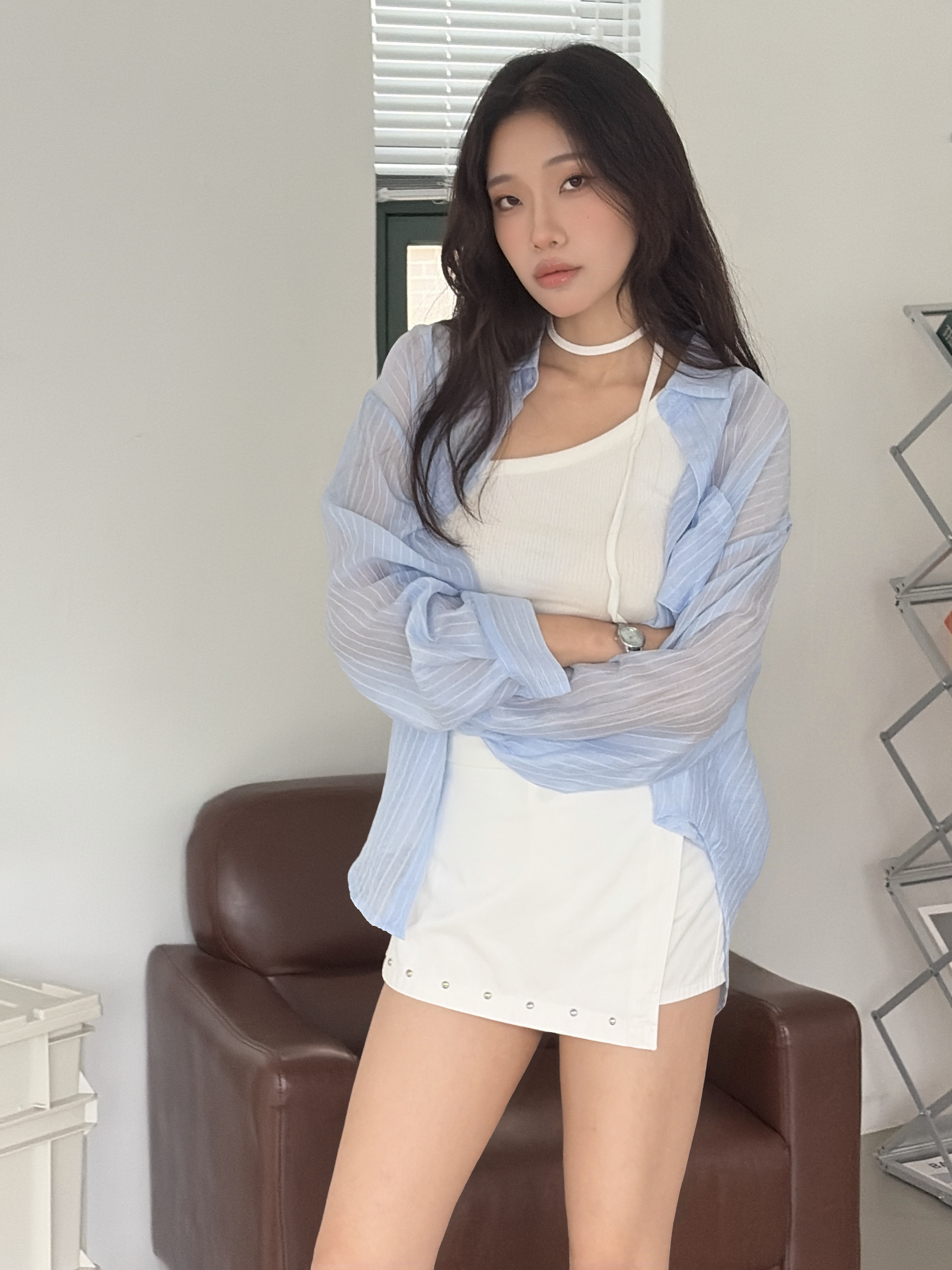 vlemma stripe-sheer-tencel-shirt 極簡設計感針織上衣襯衫 - 黃