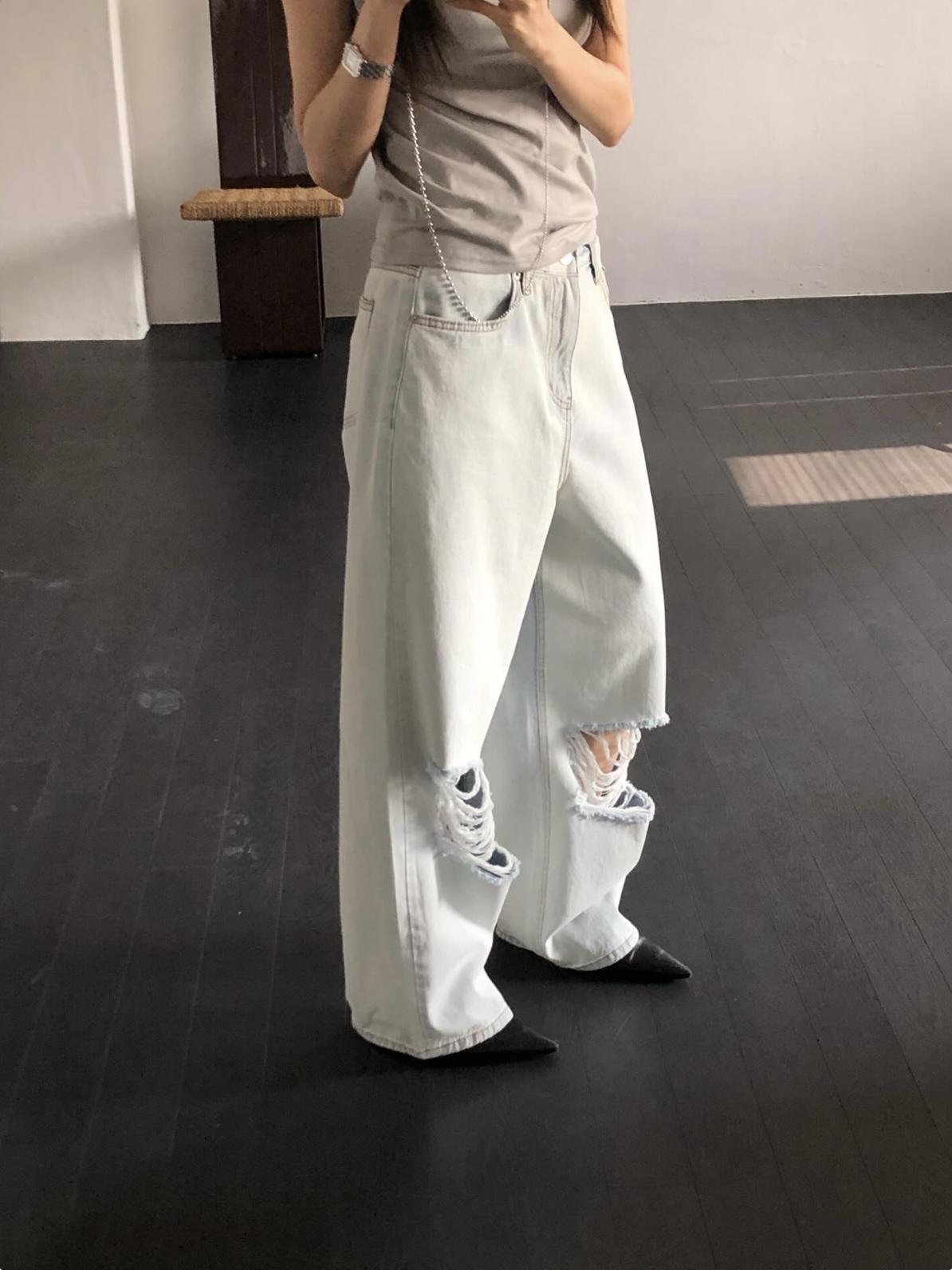 vlemma y2k-distressed-baggy-straight-jeans 小眾剪裁設計感褲裙長褲 - 淺藍