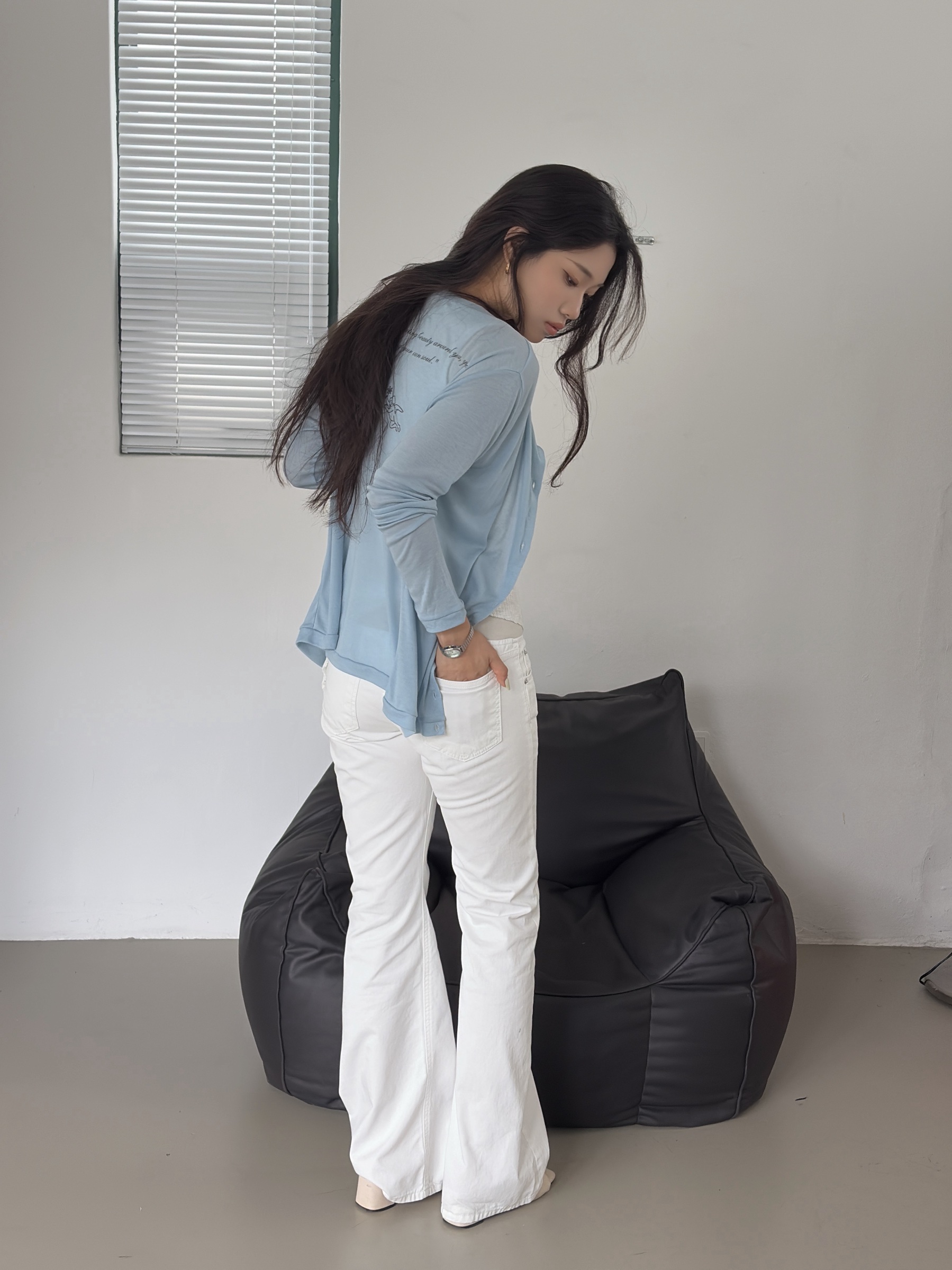 vlemma korean-sheer-button-down-graphic-top 清冷風設計感大衣外套 - 藍
