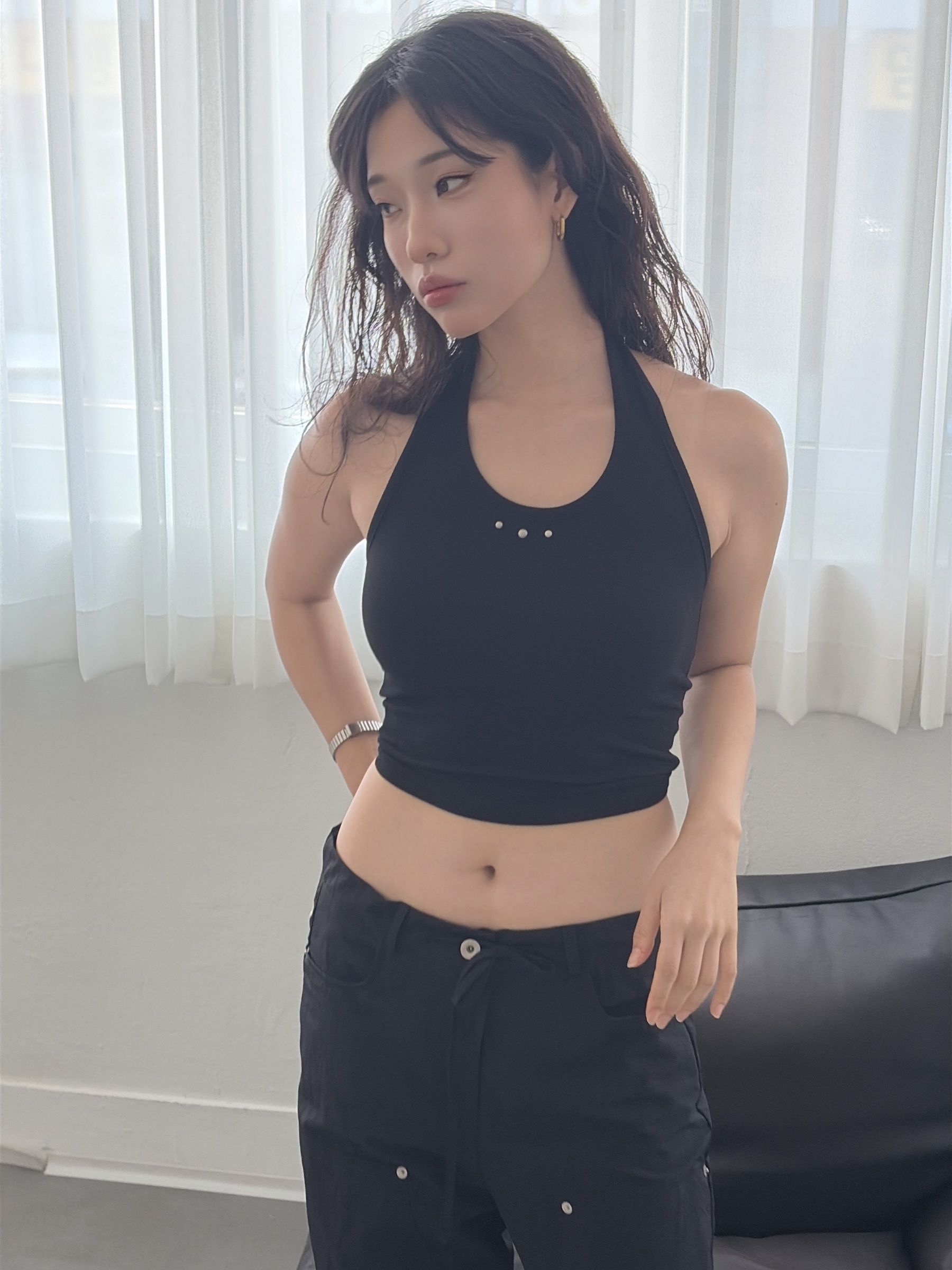 vlemma y2k-cropped-halter-ribbed-top 極簡設計感針織上衣襯衫 - 藍