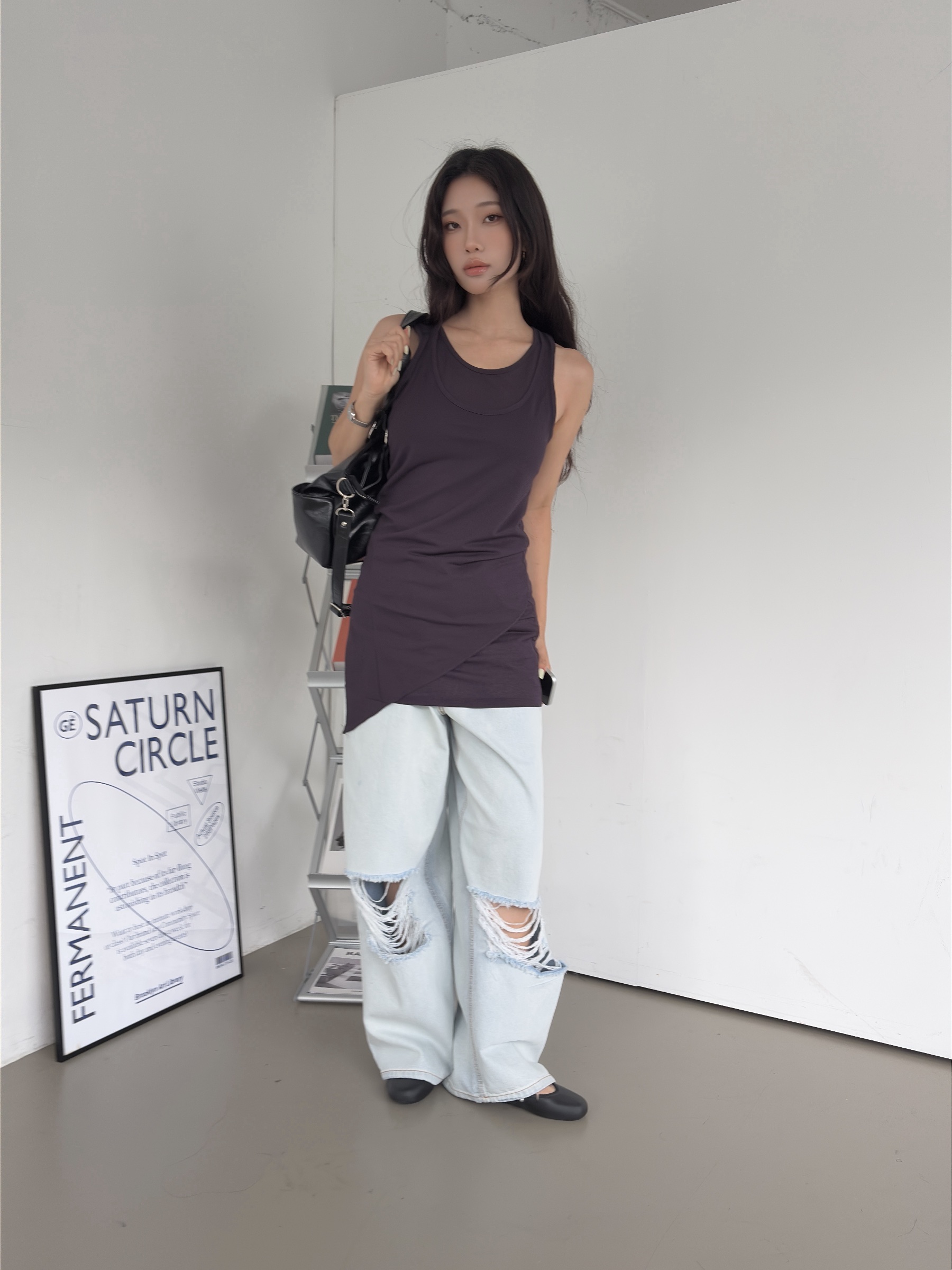 vlemma asymmetrical-hem-drawstring-longline-tank-top 極簡設計感針織上衣襯衫 - 深紫