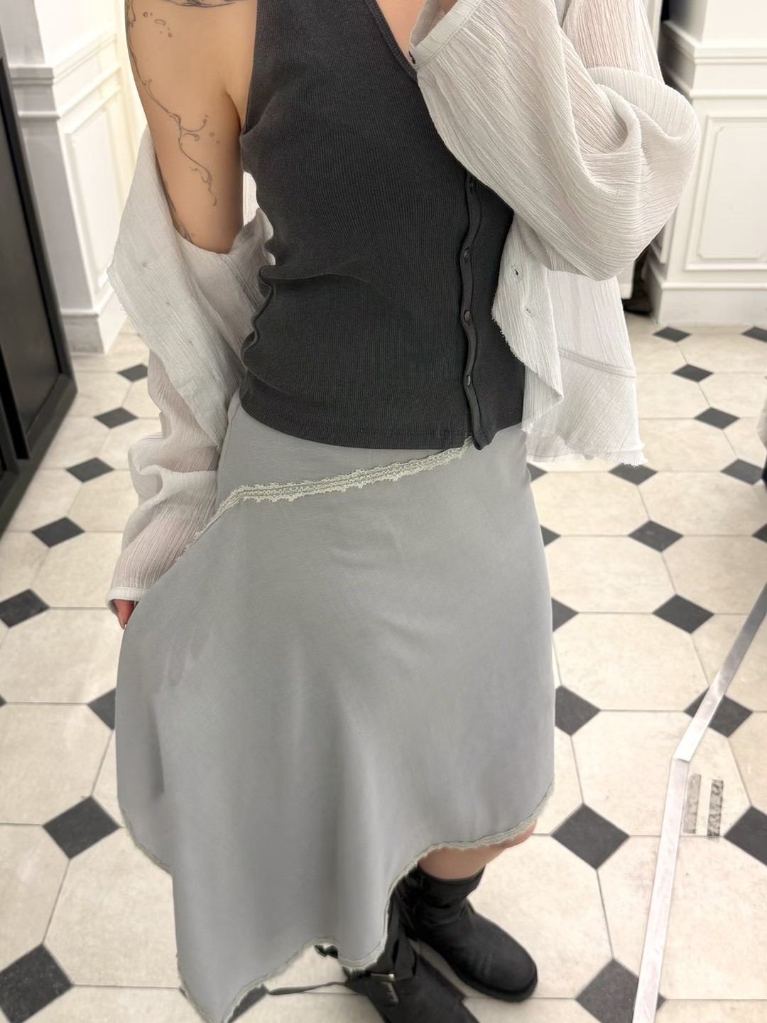 vlemma asymmetric-layered-midi-skirt-with-lace-trim 小眾剪裁設計感褲裙長褲
