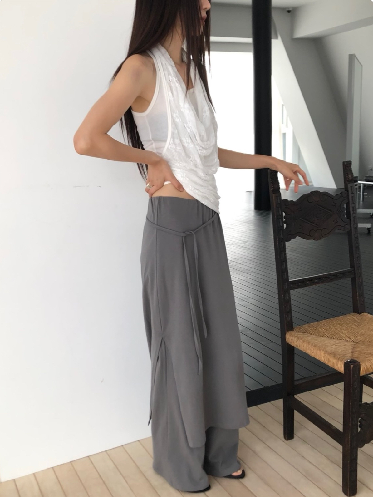 vlemma lace-cowl-neck-layered-tank-top 極簡設計感針織上衣襯衫 - 白