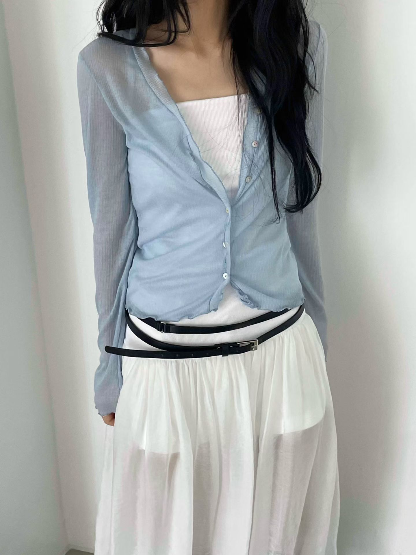 vlemma design-ruched-lettuce-trim-sheer-top 清冷風設計感大衣外套 - 白