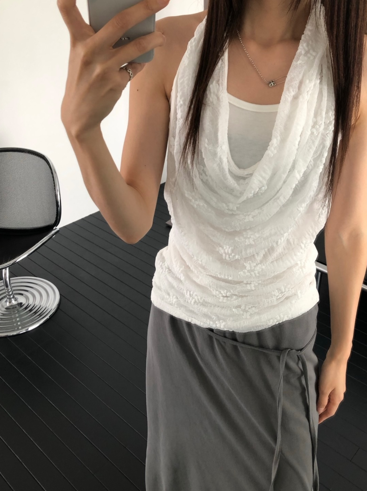 vlemma lace-cowl-neck-layered-tank-top 極簡設計感針織上衣襯衫 - 白