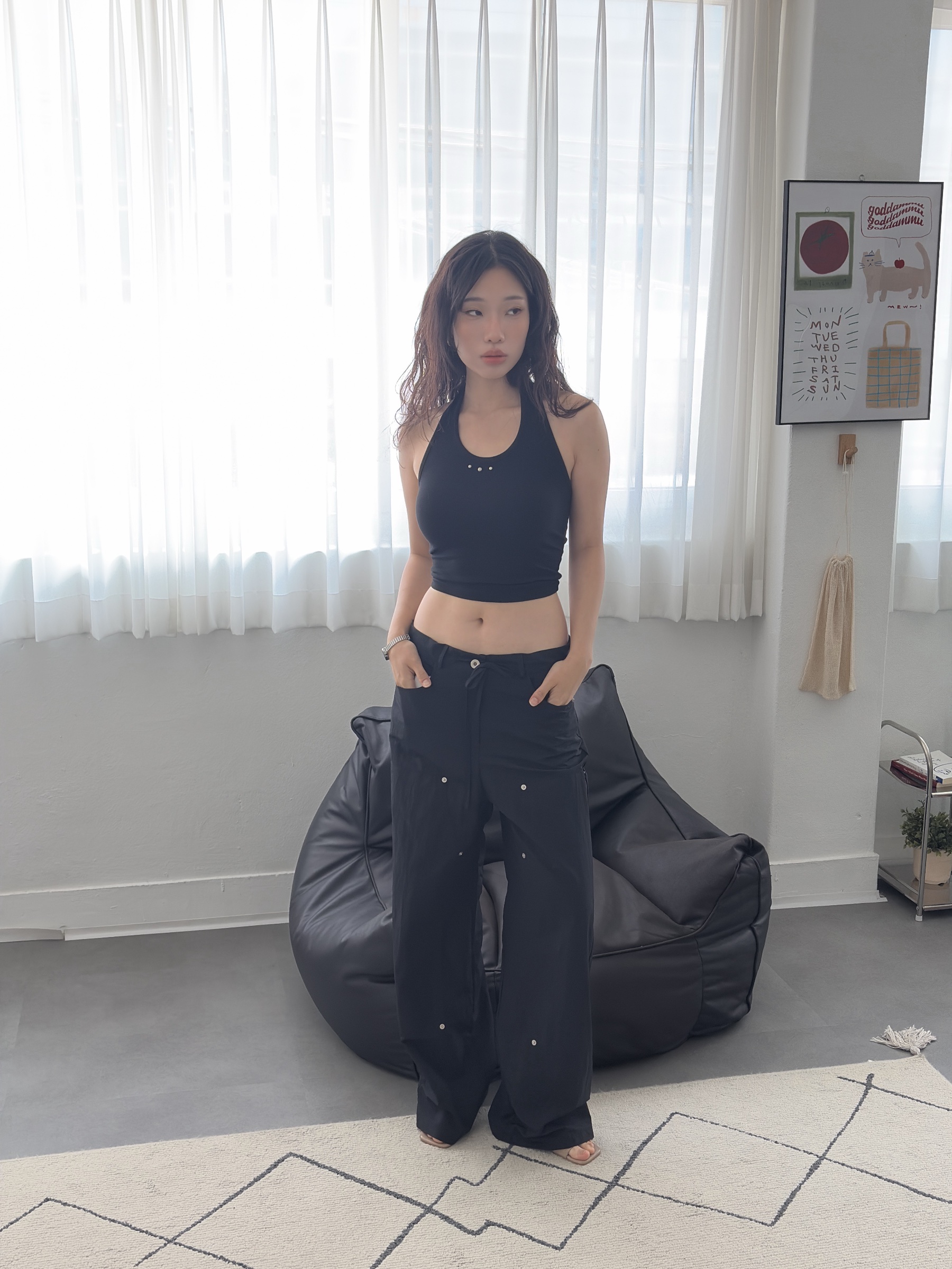vlemma low-rise-tie-waist-slouchy-trousers 小眾剪裁設計感褲裙長褲 - 黑