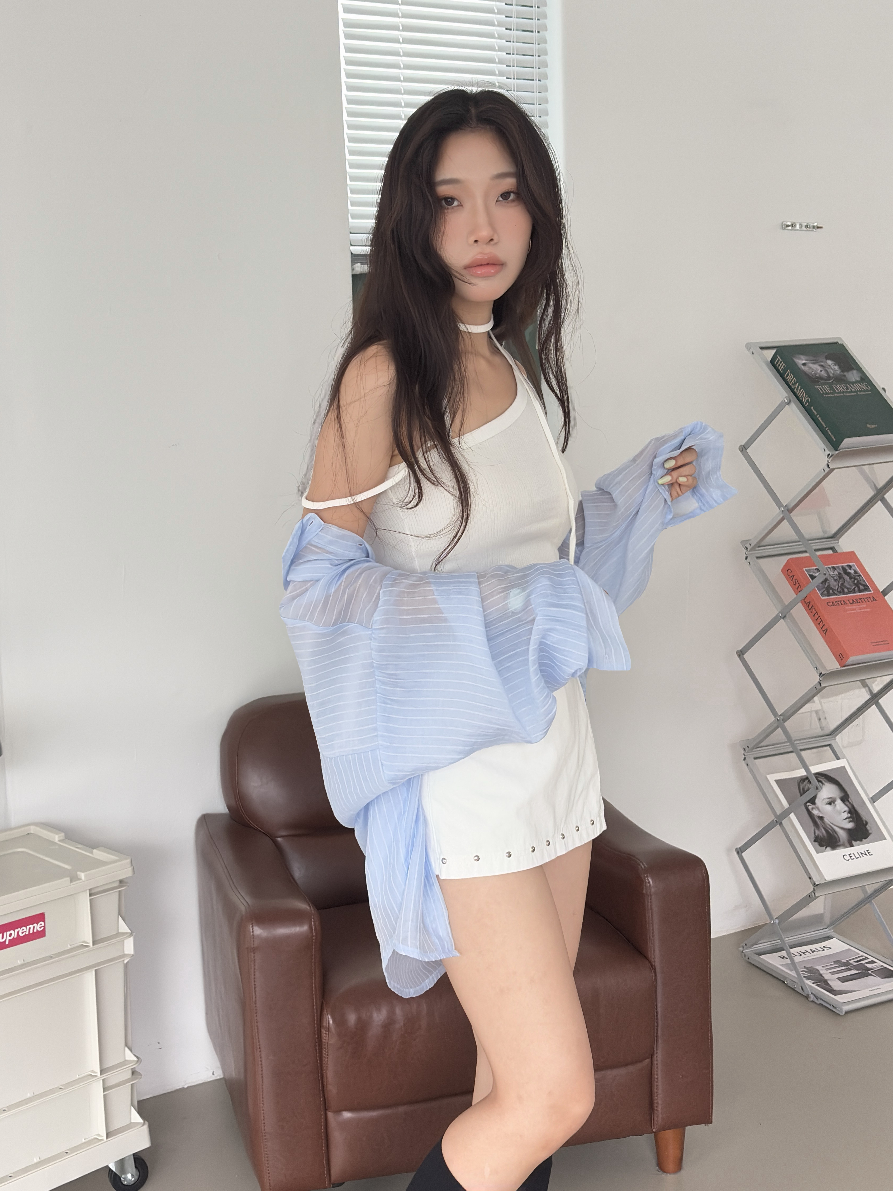 vlemma stripe-sheer-tencel-shirt 極簡設計感針織上衣襯衫 - 黃