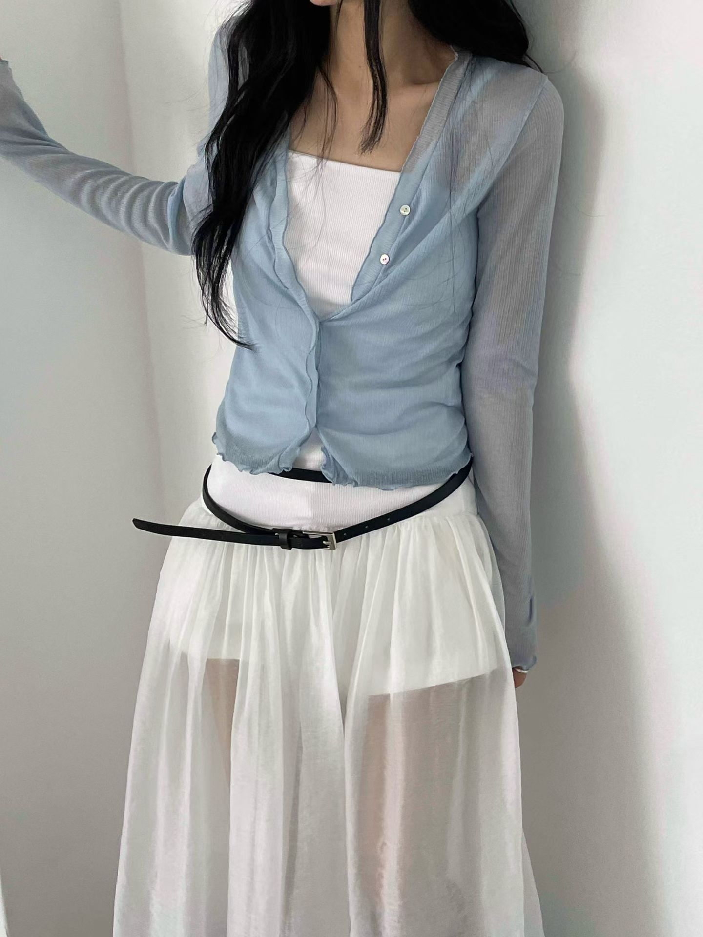 vlemma design-ruched-lettuce-trim-sheer-top 清冷風設計感大衣外套 - 白