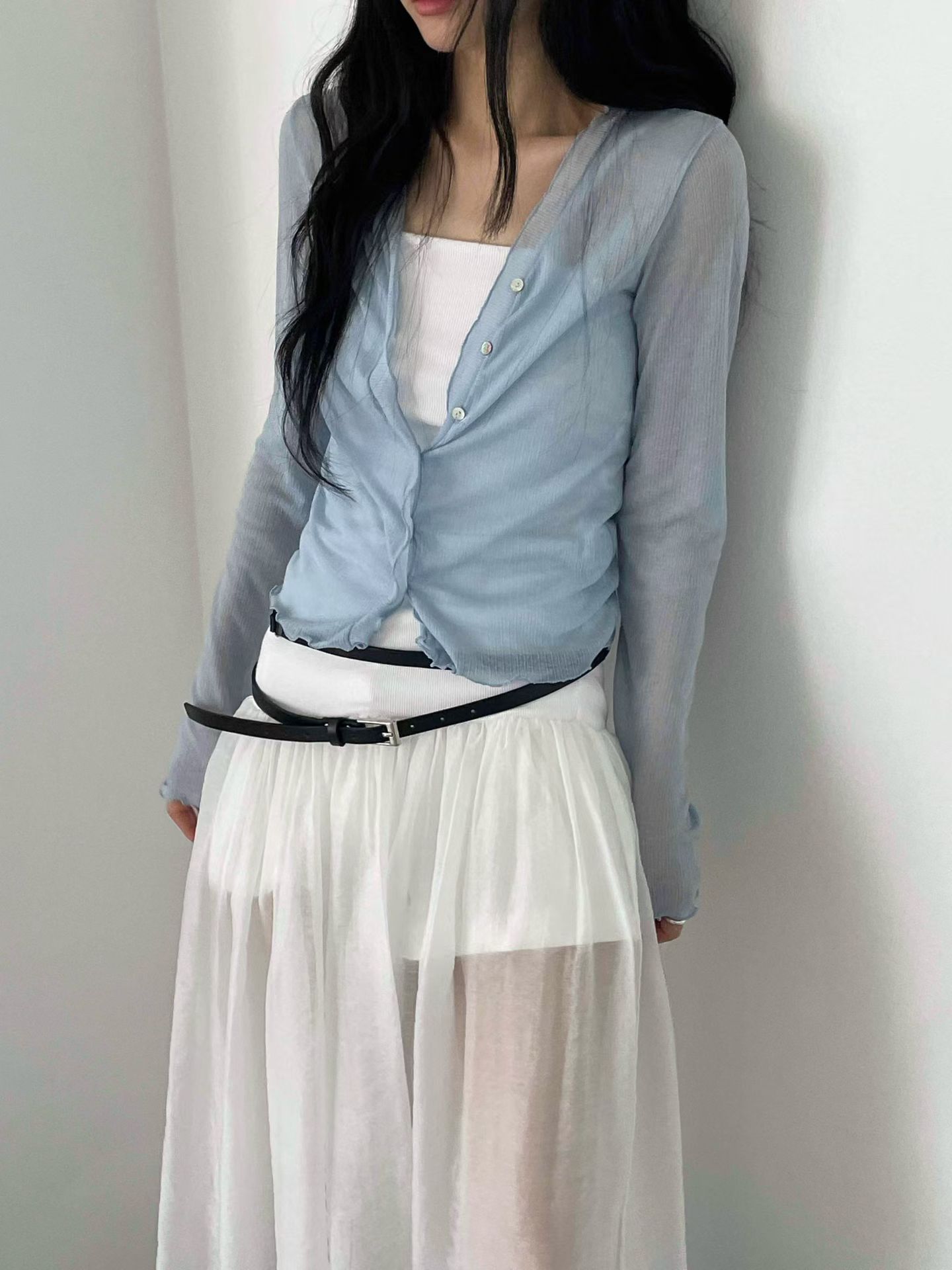 vlemma design-ruched-lettuce-trim-sheer-top 清冷風設計感大衣外套 - 白