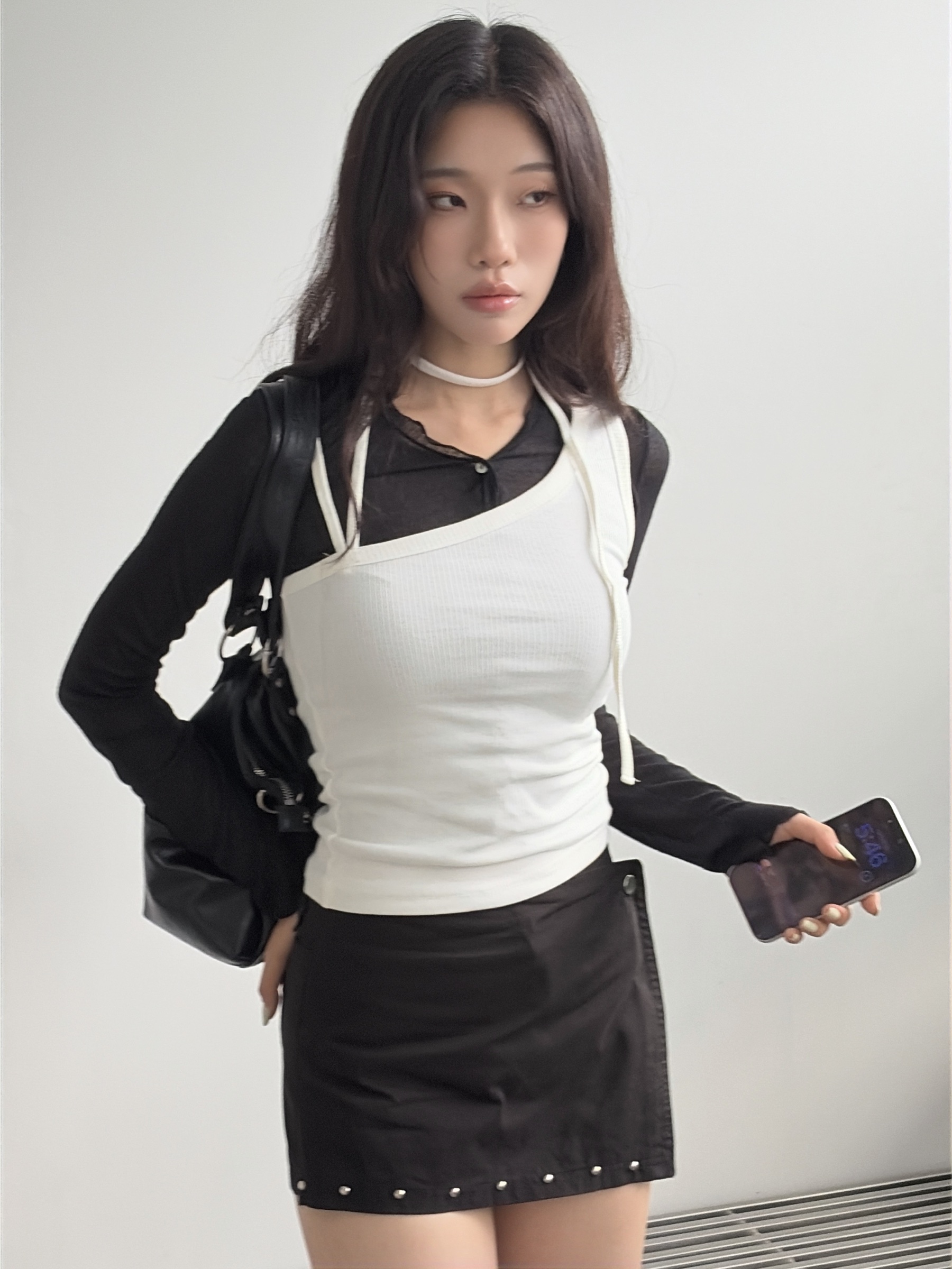 vlemma korean-layered-asymmetrical-strap-ribbed-top 極簡設計感針織上衣襯衫 - 白