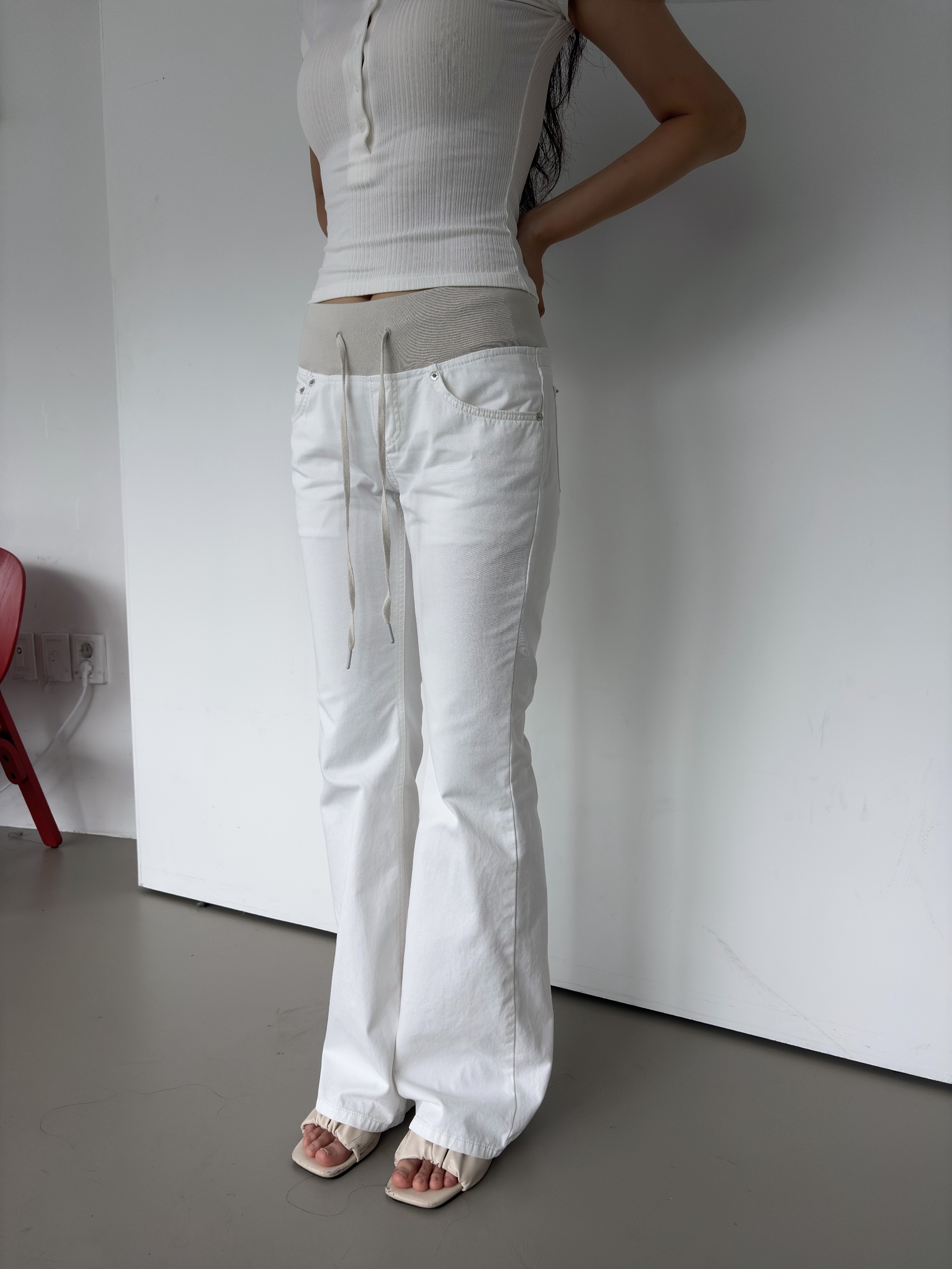 vlemma y2k-low-rise-drawstring-flare-pants 小眾剪裁設計感褲裙長褲 - 白