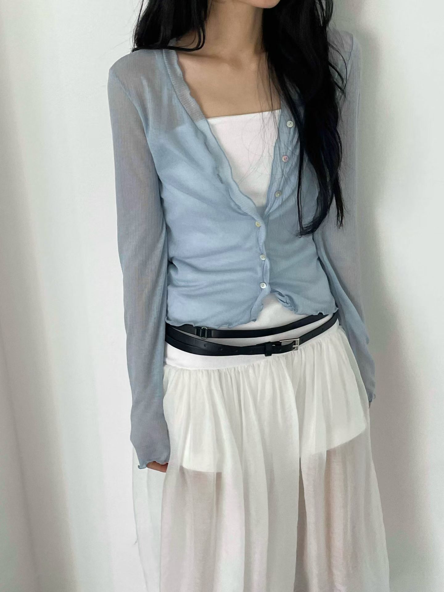 vlemma design-ruched-lettuce-trim-sheer-top 清冷風設計感大衣外套 - 白