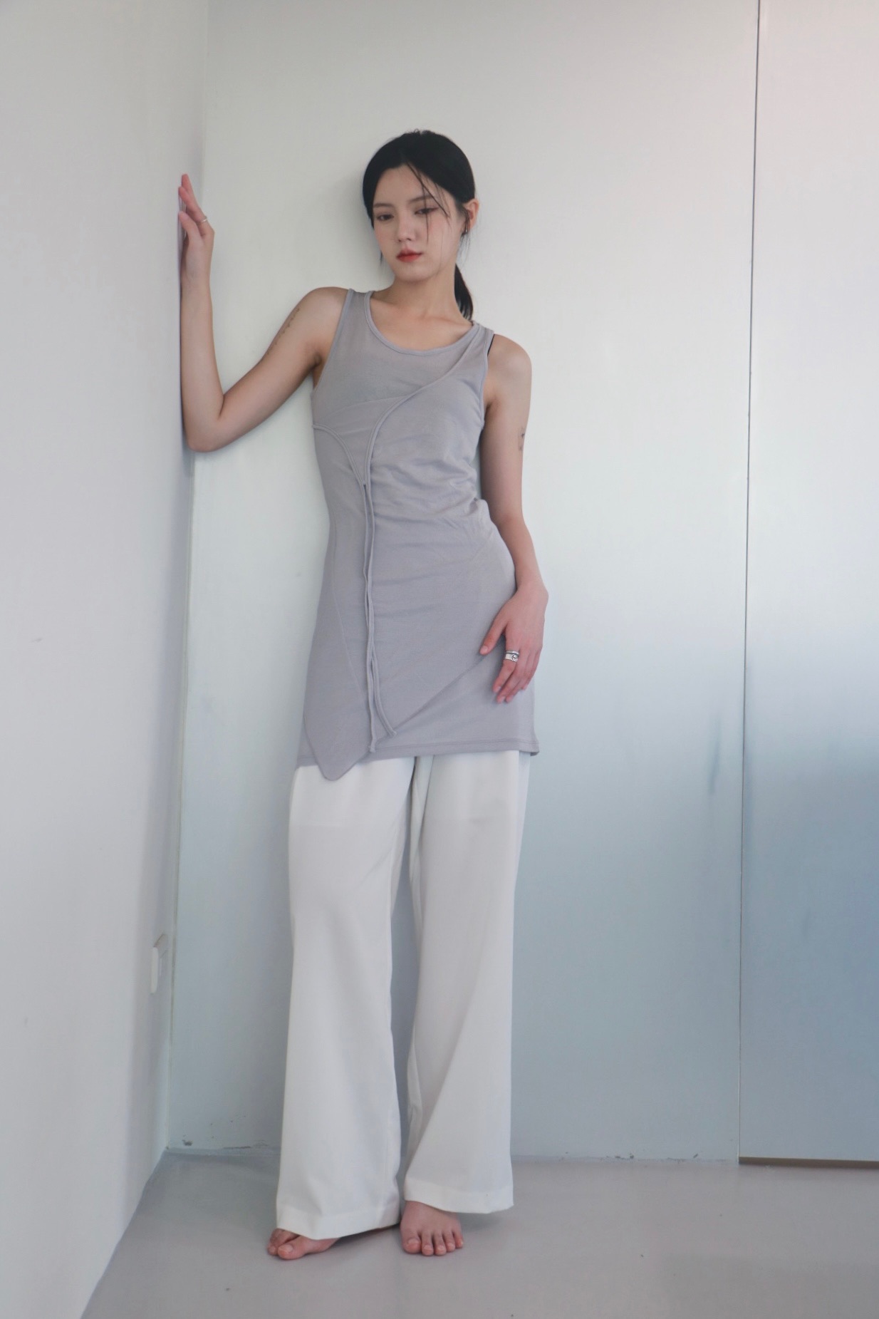 vlemma asymmetrical-hem-drawstring-longline-tank-top 極簡設計感針織上衣襯衫 - 深紫