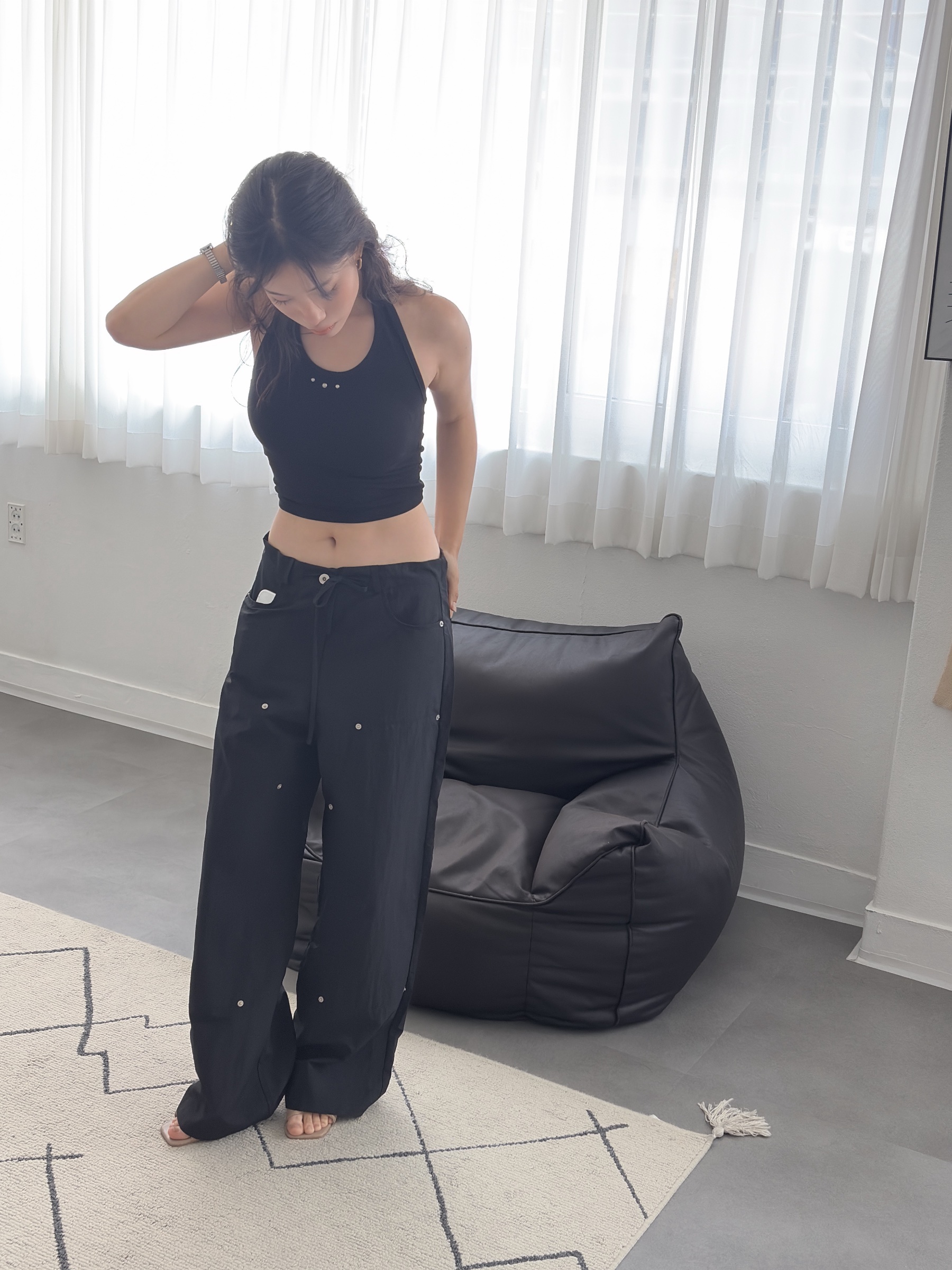 vlemma low-rise-tie-waist-slouchy-trousers 小眾剪裁設計感褲裙長褲 - 黑