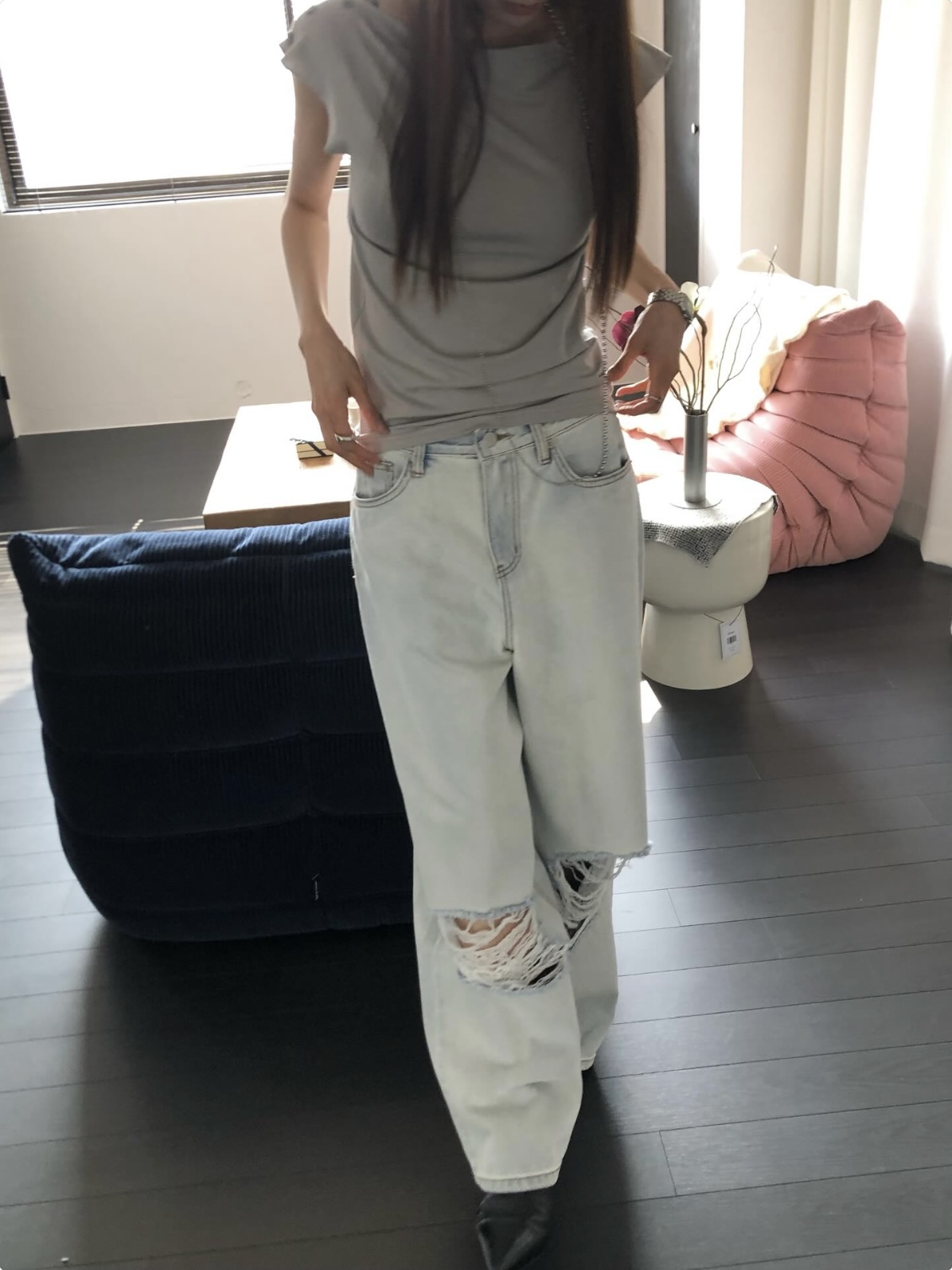 vlemma y2k-distressed-baggy-straight-jeans 小眾剪裁設計感褲裙長褲 - 淺藍