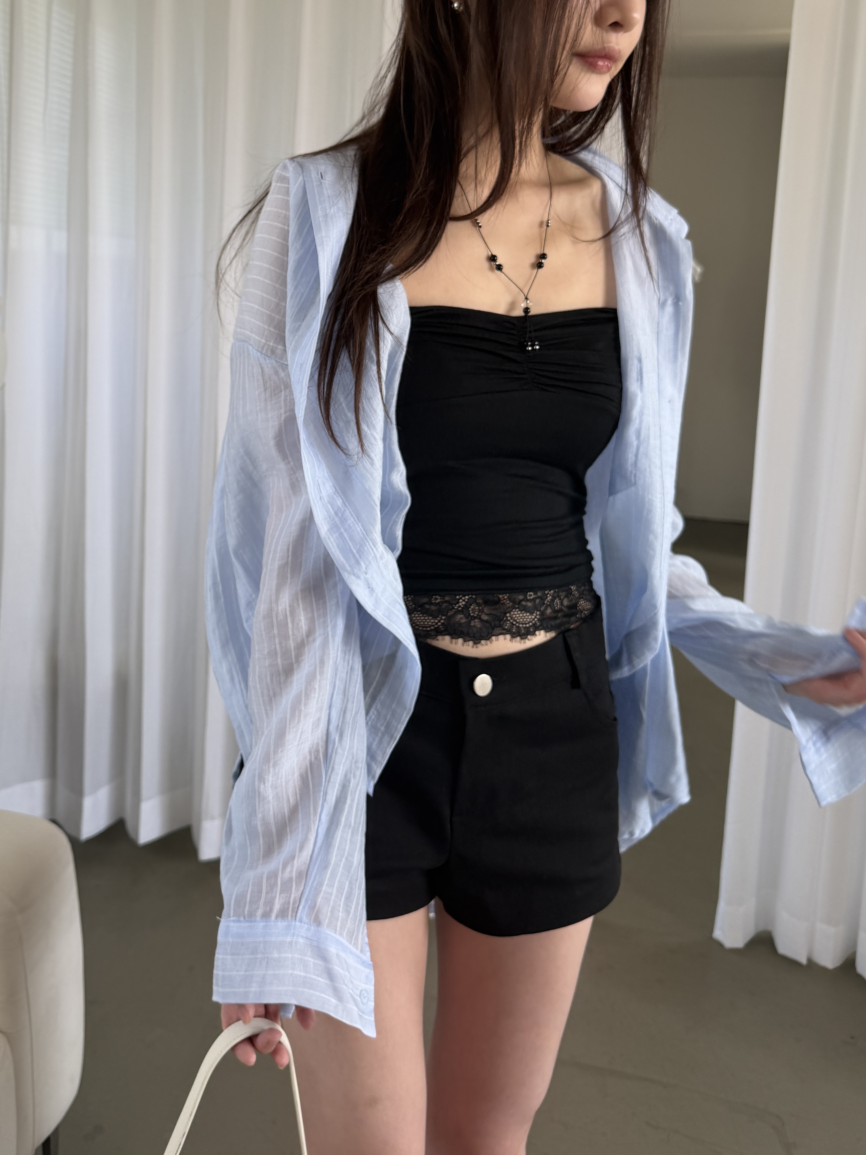 vlemma stripe-sheer-tencel-shirt 極簡設計感針織上衣襯衫 - 黃