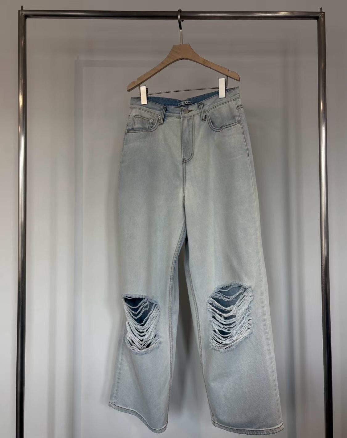 vlemma y2k-distressed-baggy-straight-jeans 小眾剪裁設計感褲裙長褲 - 淺藍