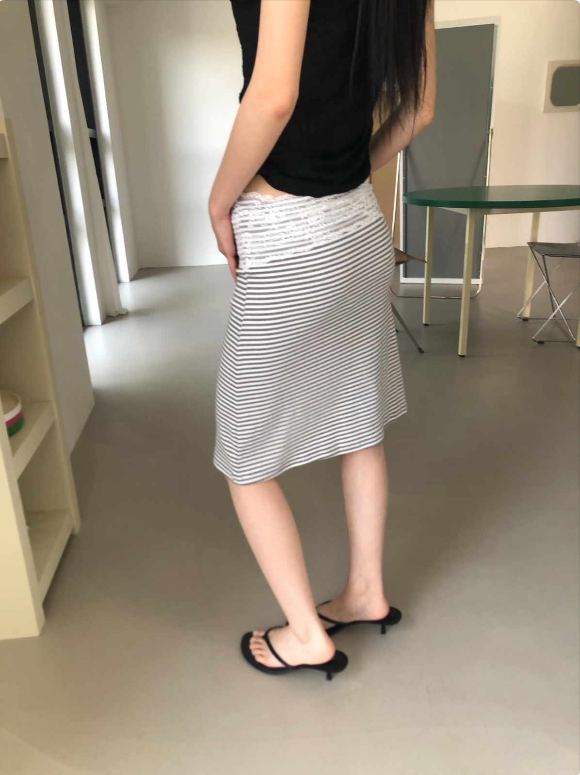 vlemma lace-trim-waistband-bodycon-midi-skirt 小眾剪裁設計感褲裙長褲 - 條紋