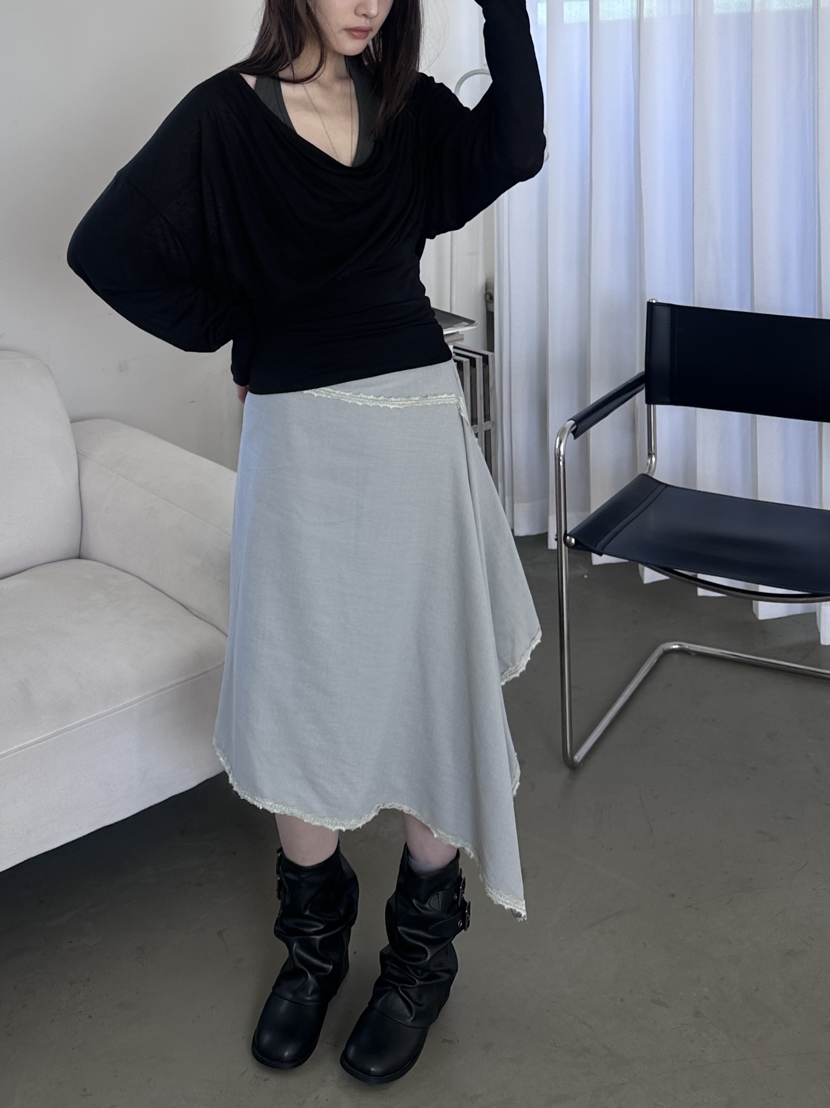 vlemma asymmetric-layered-midi-skirt-with-lace-trim 小眾剪裁設計感褲裙長褲