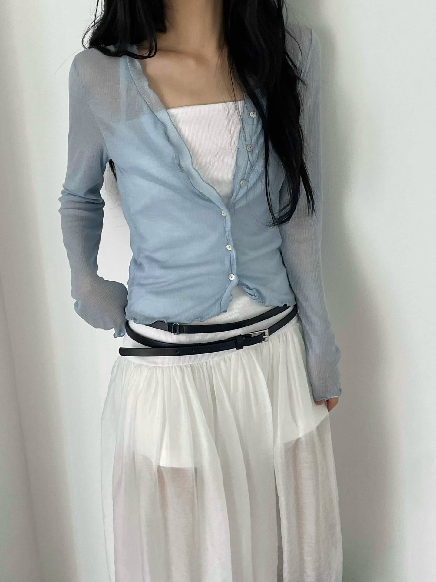 vlemma design-ruched-lettuce-trim-sheer-top 清冷風設計感大衣外套 - 白