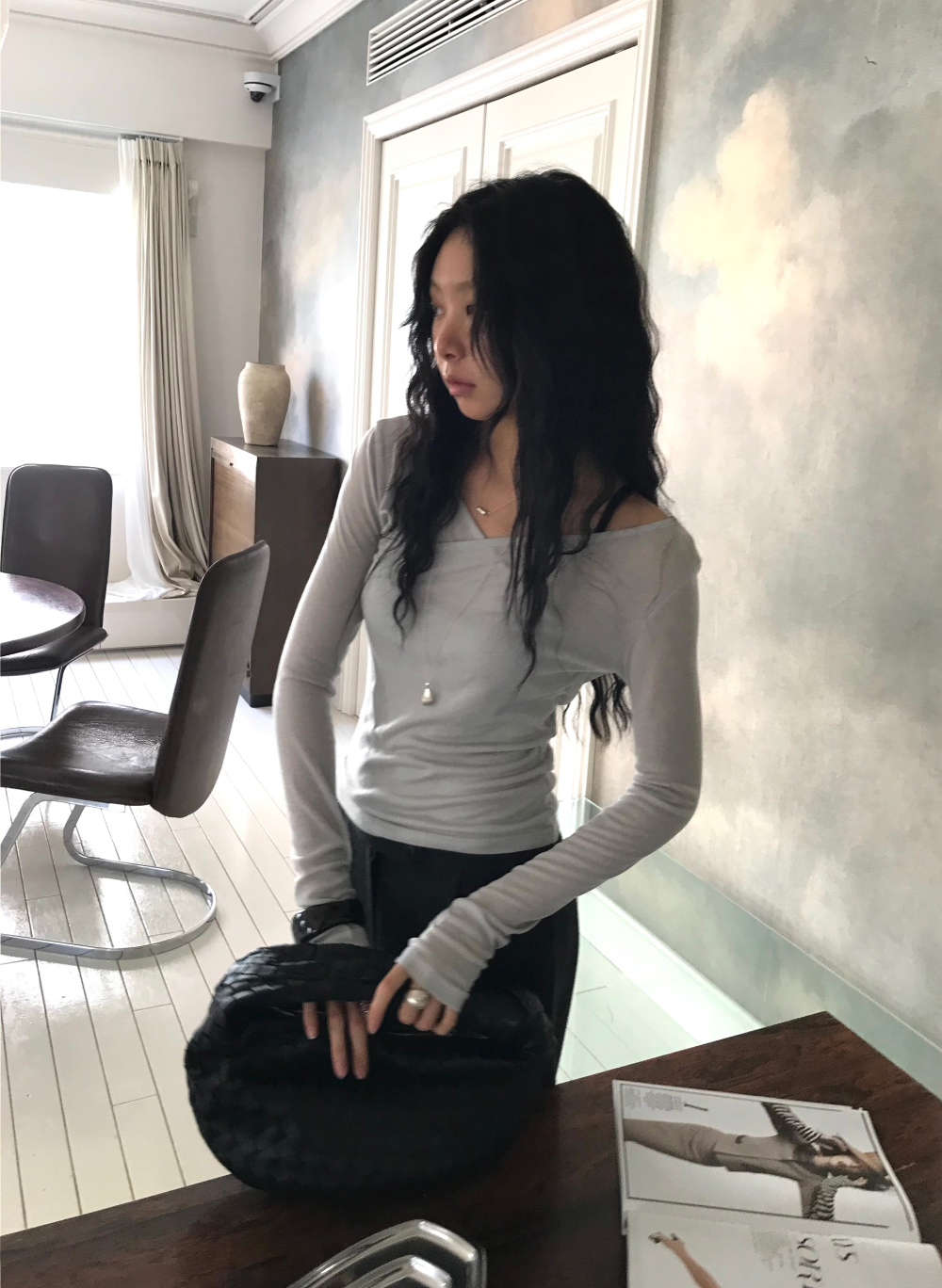 vlemma wool-blend-v-neck-drop-shoulder-top 極簡設計感針織上衣襯衫 - 深灰