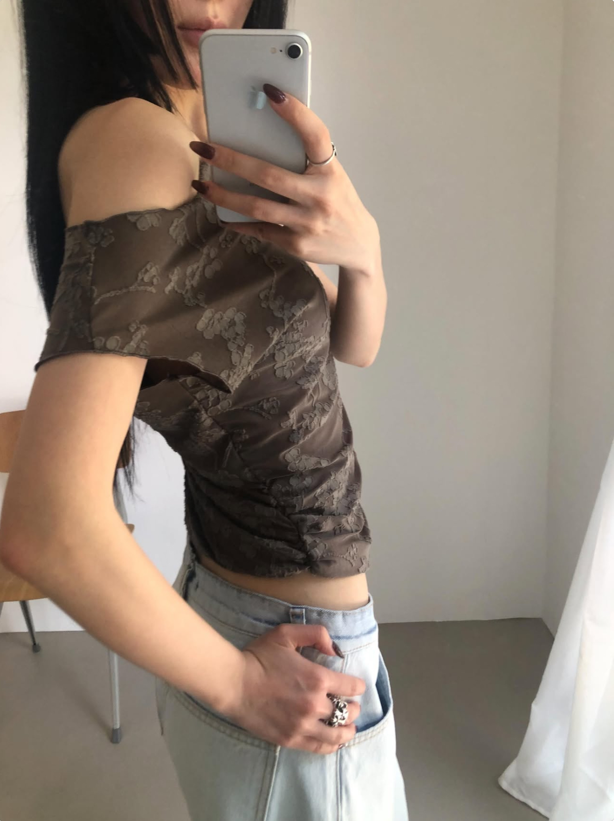 vlemma korean-ruched-lace-drape-neck-top 極簡設計感針織上衣襯衫 - 棕