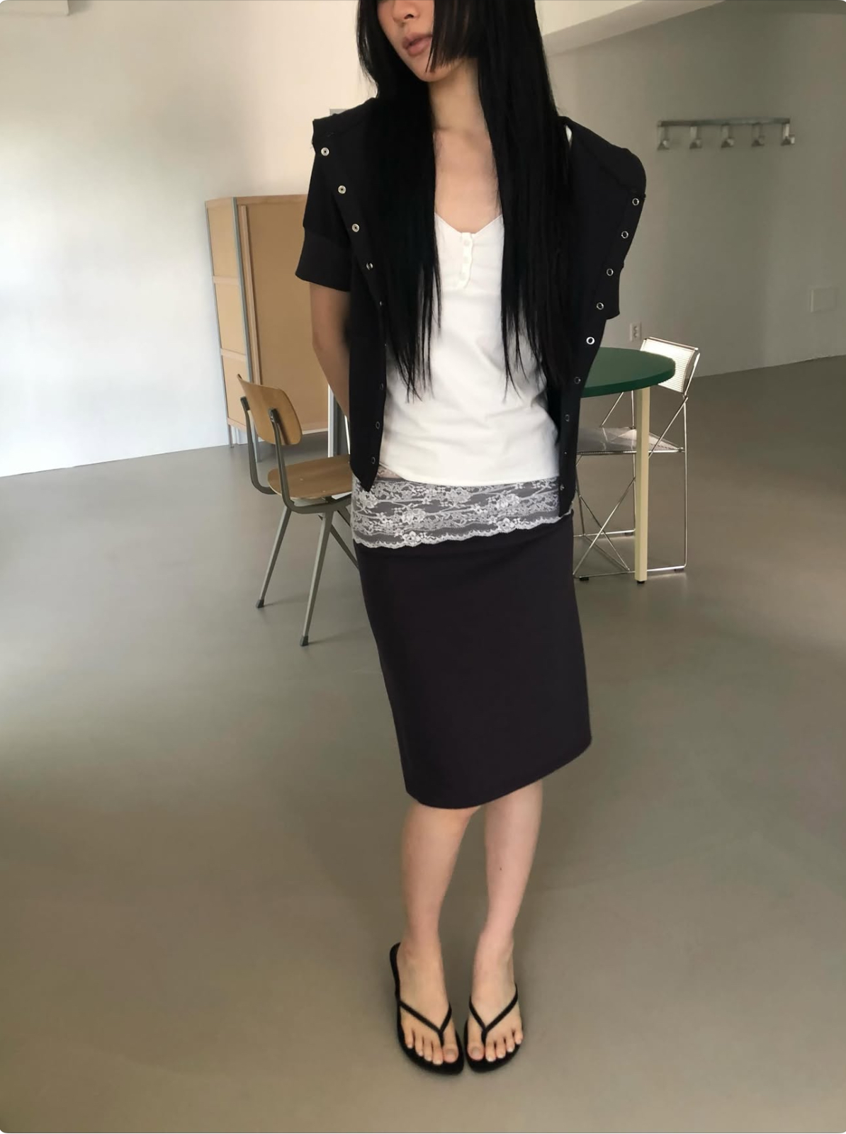 vlemma lace-trim-waistband-bodycon-midi-skirt 小眾剪裁設計感褲裙長褲 - 條紋
