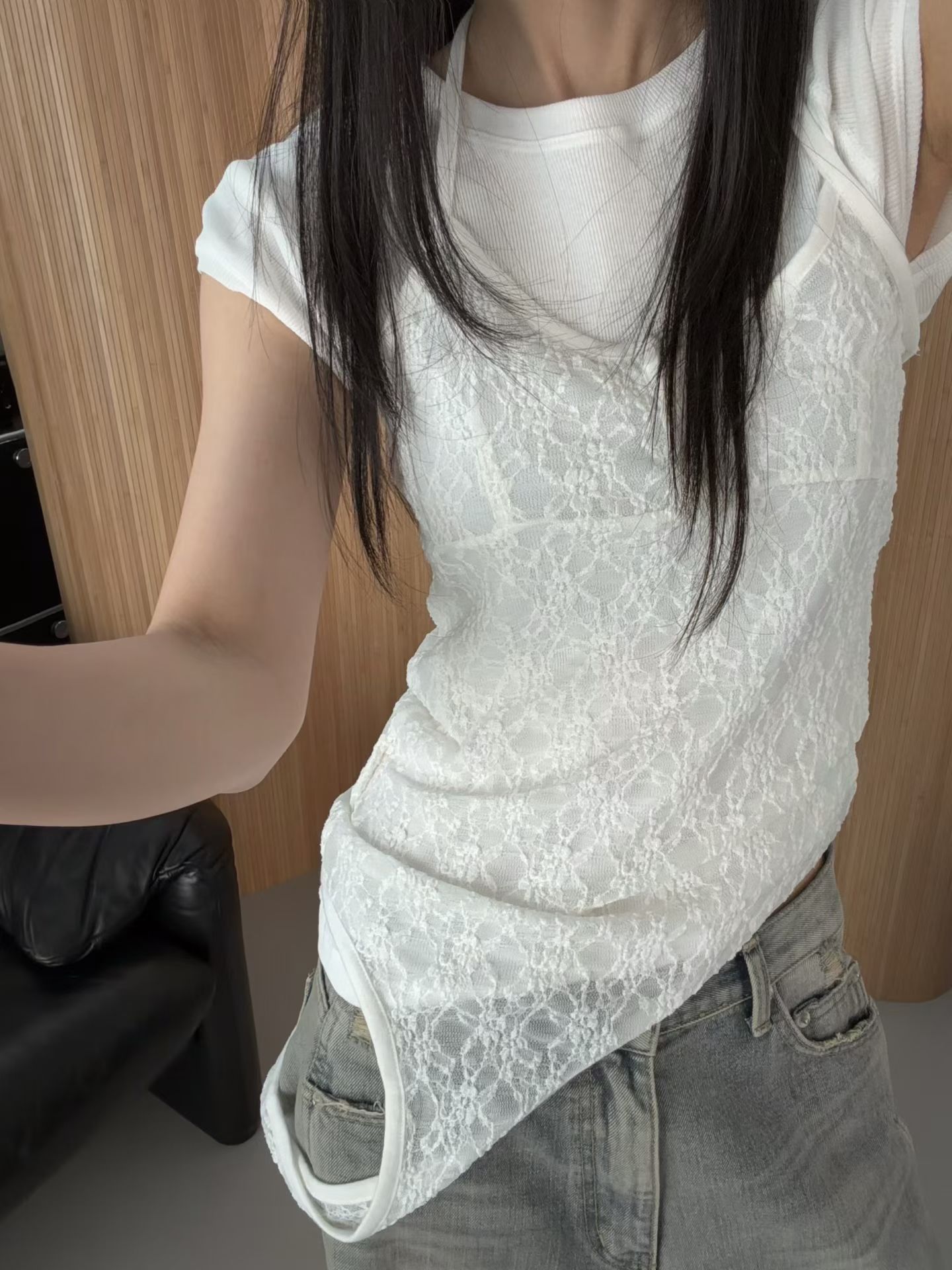 vlemma lace-halter-neck-asymmetric-backless-top 極簡設計感針織上衣襯衫 - 白