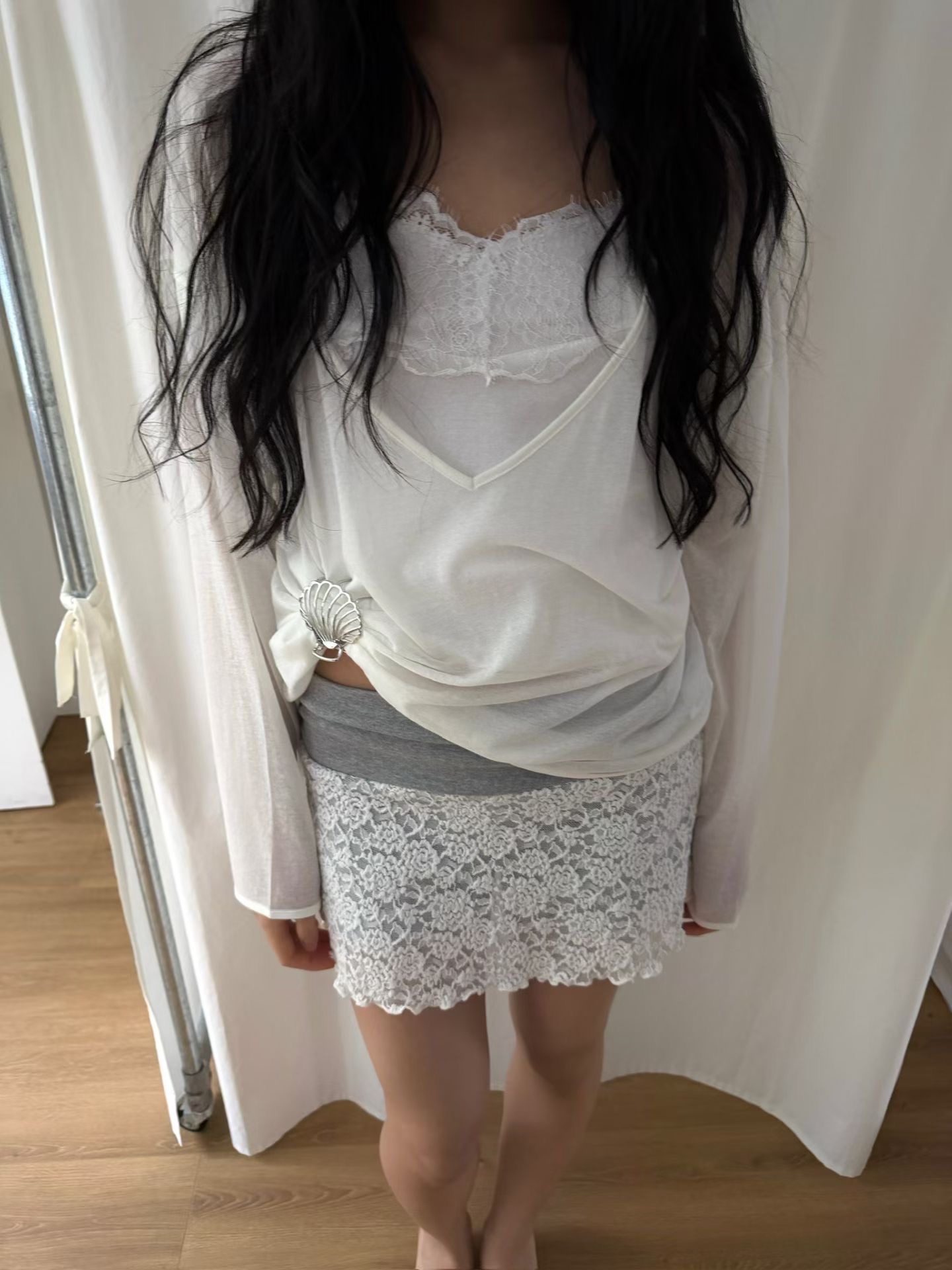 vlemma ruched-waistband-lace-skort 小眾剪裁設計感褲裙長褲 - 白