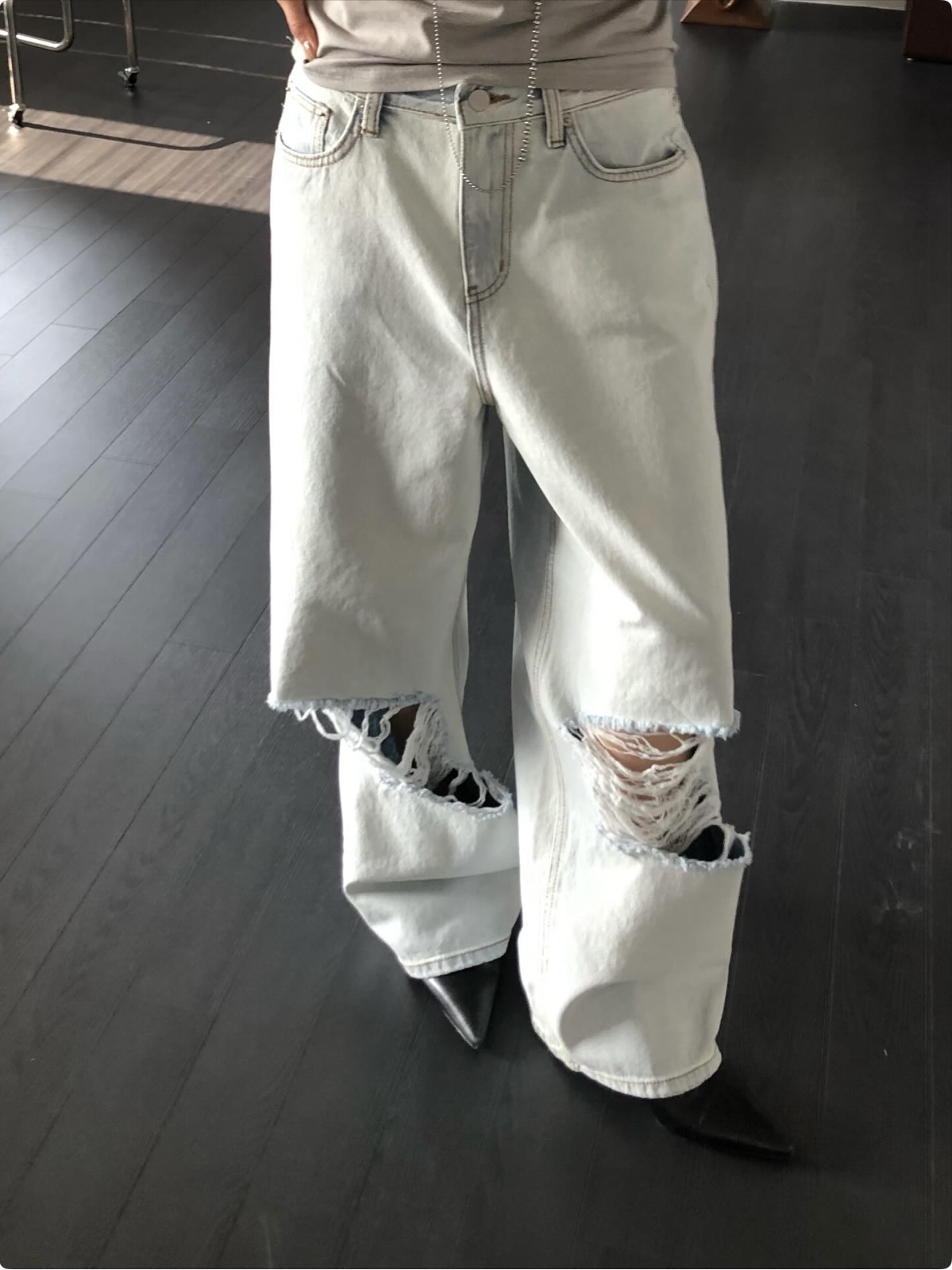 vlemma y2k-distressed-baggy-straight-jeans 小眾剪裁設計感褲裙長褲 - 淺藍