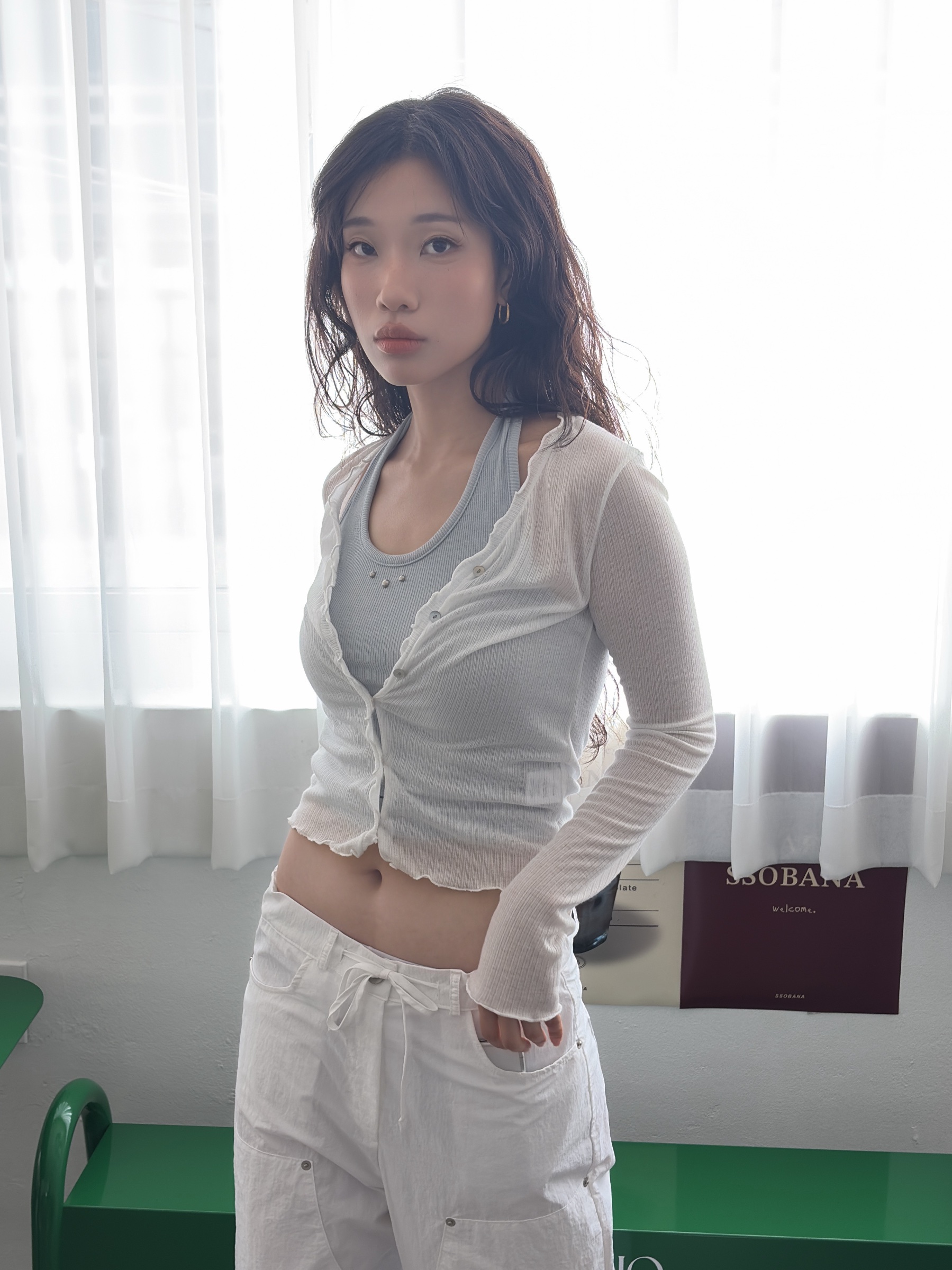 vlemma design-ruched-lettuce-trim-sheer-top 清冷風設計感大衣外套 - 藍