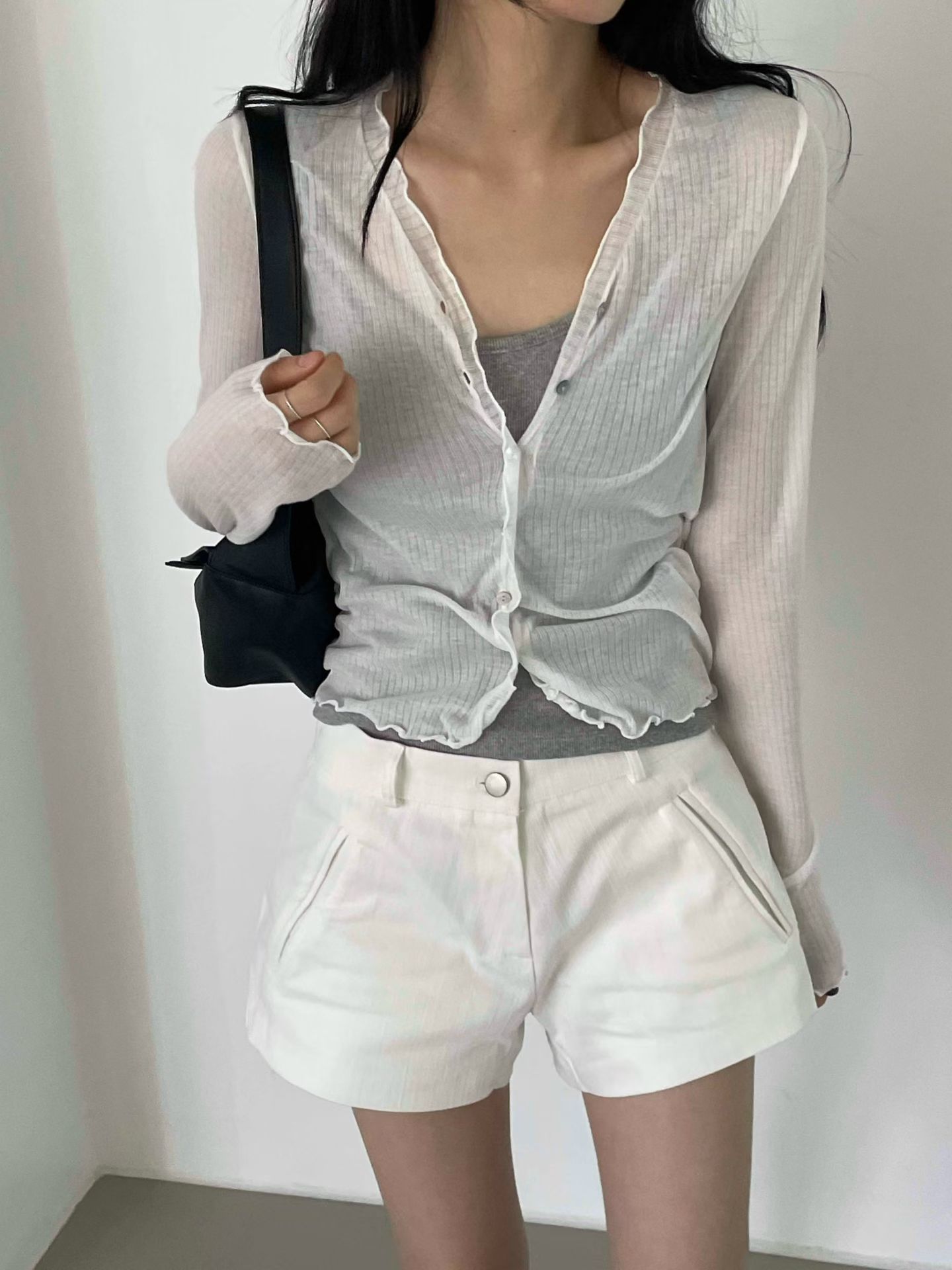 vlemma design-ruched-lettuce-trim-sheer-top 清冷風設計感大衣外套 - 白
