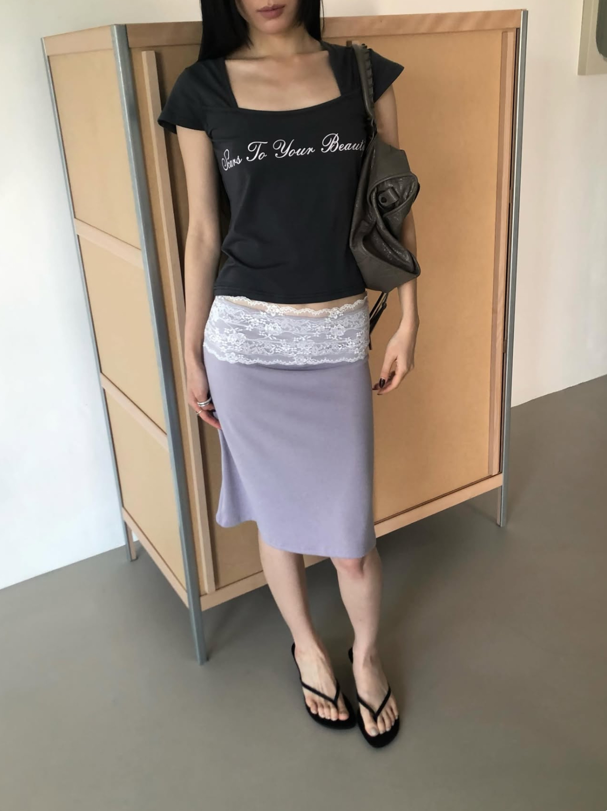 vlemma lace-trim-waistband-bodycon-midi-skirt 小眾剪裁設計感褲裙長褲 - 條紋